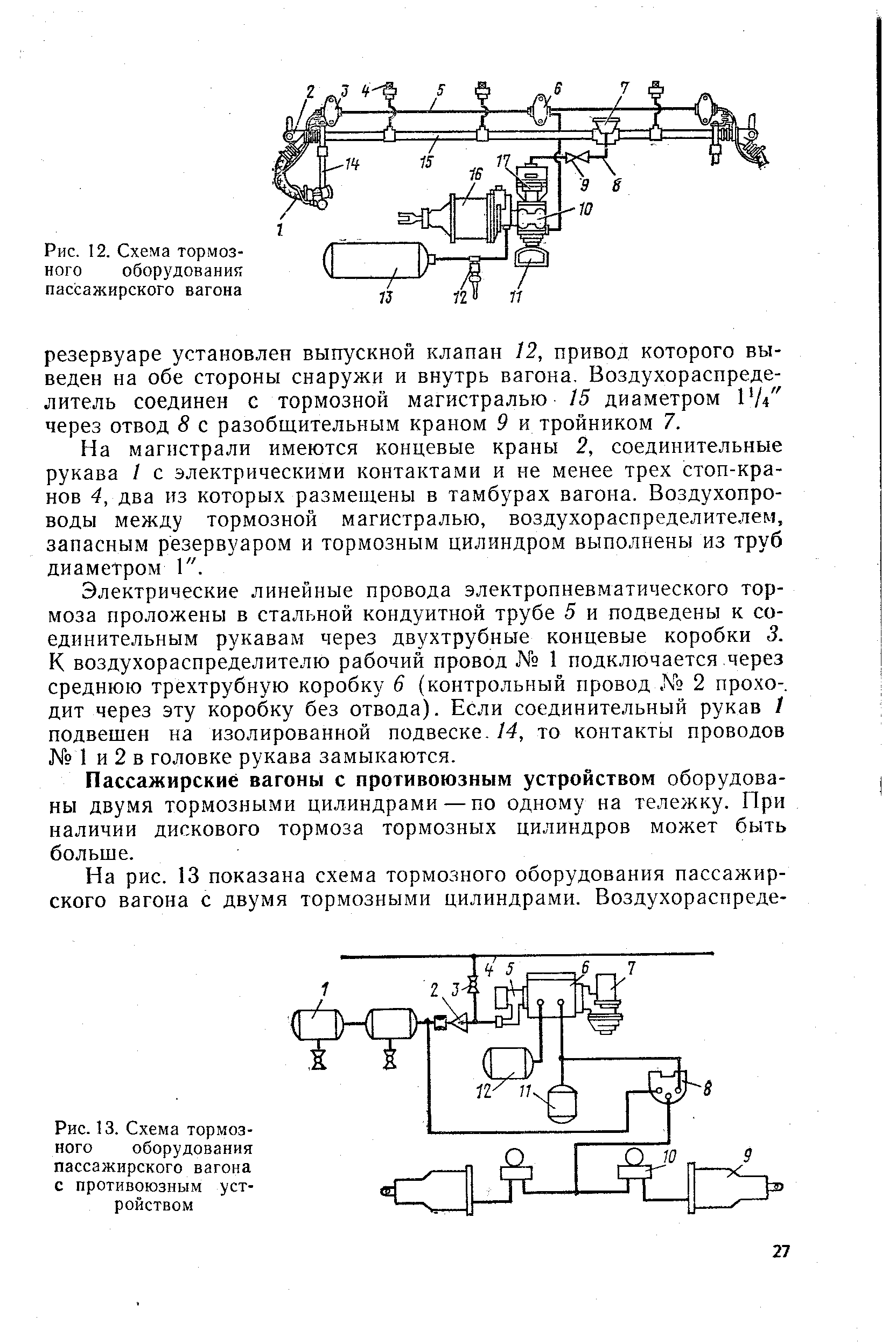 Электрические линейные провода электропневматического тормоза проложены в стальной кондуитной трубе 5 и подведены к соединительным рукавам через двухтрубные концевые коробки 3. К воздухораспределителю рабочий провод 1 подключается через среднюю трехтрубную коробку 6 (контрольный провод Х 2 прохо-. дит через эту коробку без отвода). Если соединительный рукав I подвешен на изолированной подвеске. 14, то контакты проводов 1 и 2 в головке рукава замыкаются.
