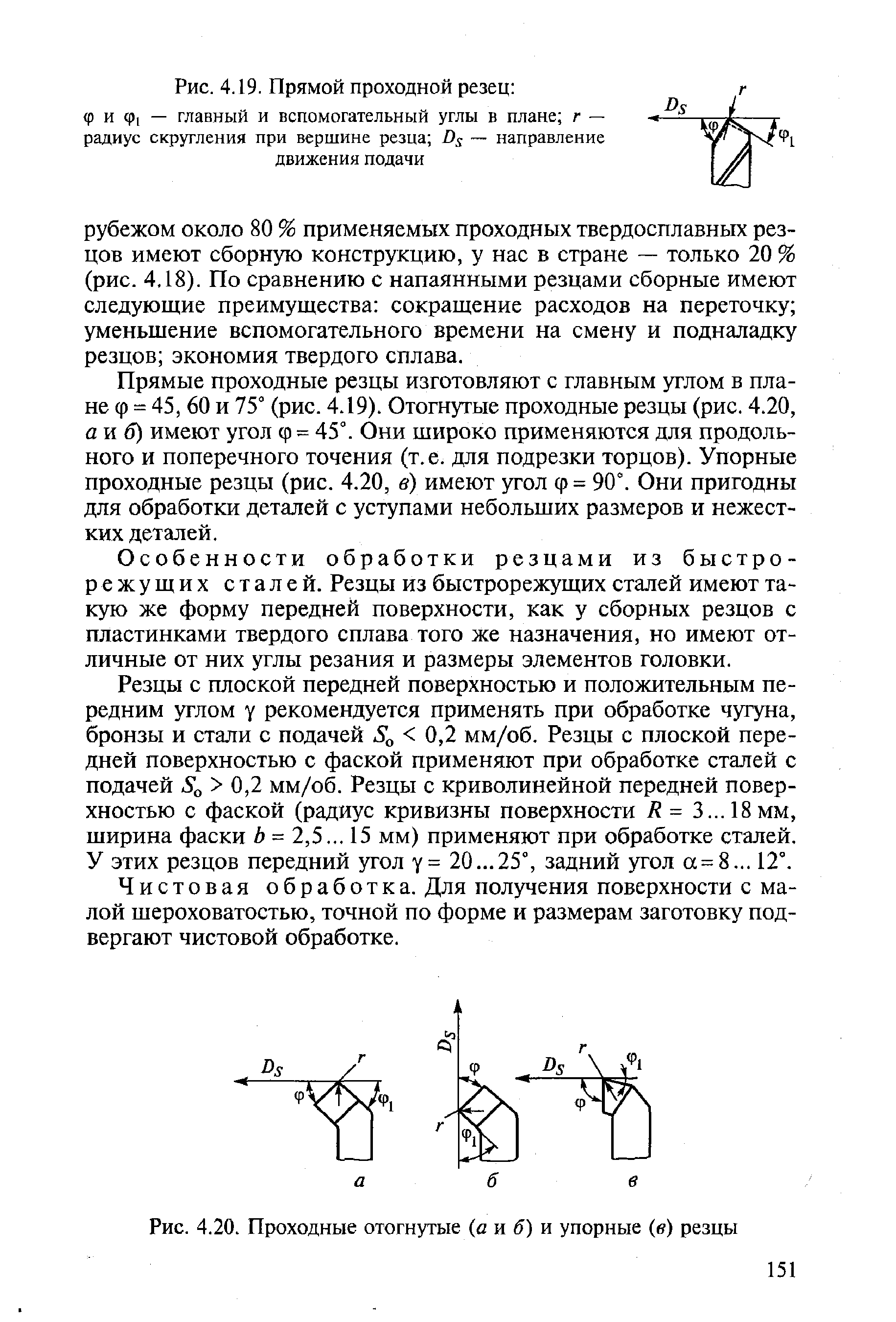 Рис. 4.20. Проходные отогнутые (а я б) и упорные (в) резцы
