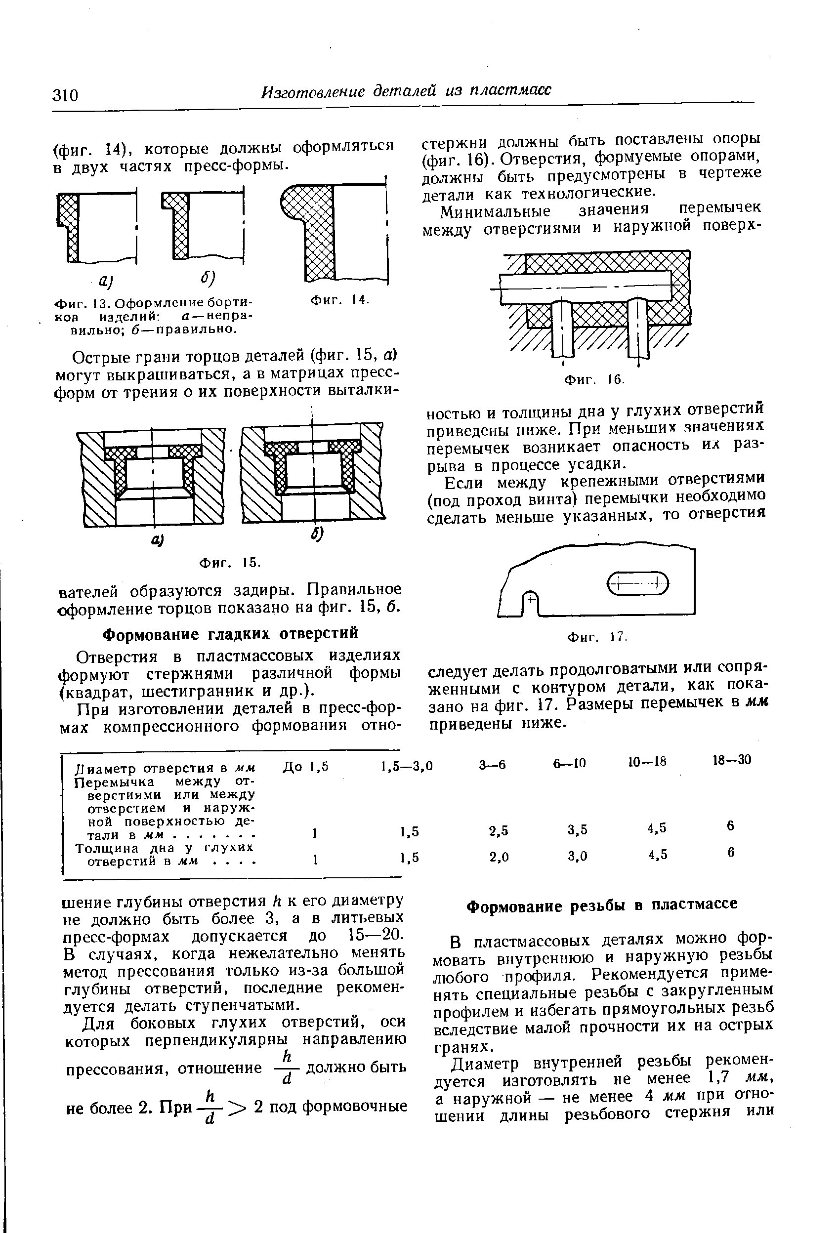 В пластмассовых деталях можно формовать внутреннюю и наружную резьбы любого профиля. Рекомендуется применять специальные резьбы с закругленным профилем и избегать прямоугольных резьб вследствие малой прочности их на острых гранях.
