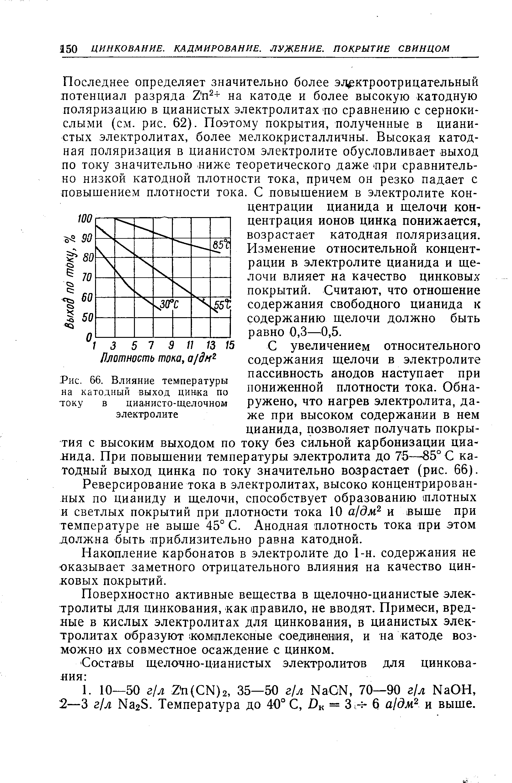 Рис. 66. <a href="/info/222925">Влияние температуры</a> на катодный выход цинка по -току в цианисто-щелочном электролите
