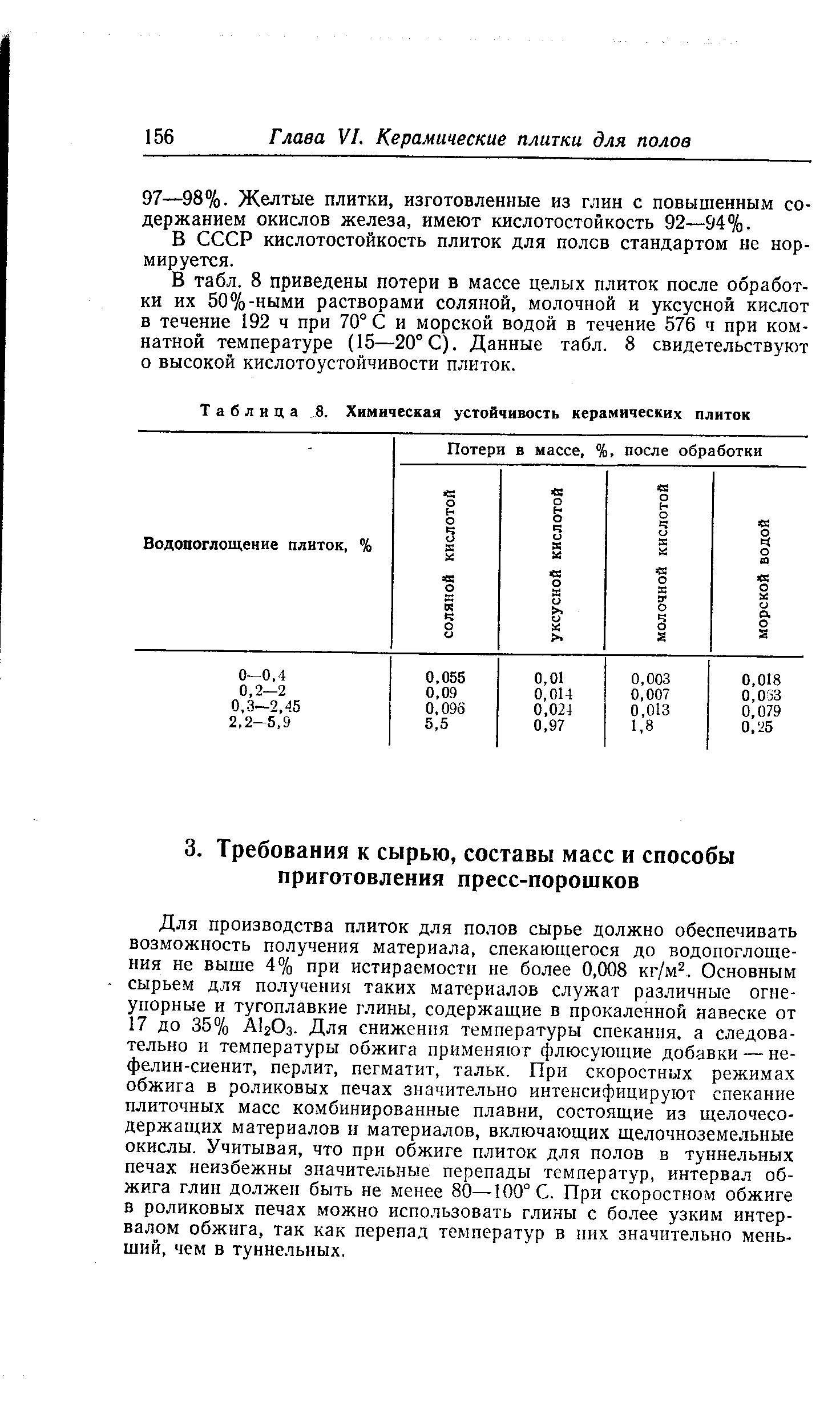 Для производства плиток для полов сырье должно обеспечивать возможность получения материала, спекающегося до водопоглощения не выше 4% при истираемости не более 0,008 кг/м . Основным сырьем для получения таких материалов служат различные огнеупорные и тугоплавкие глины, содержащие в прокаленной навеске от 17 до 35% АЬОз. Для снижения температуры спекания, а следовательно и температуры обжига применяют флюсующие добавки — нефелин-сиенит, перлит, пегматит, тальк. При скоростных режимах обжига в роликовых печах значительно интенсифицируют спекание плиточных масс комбинированные плавни, состоящие из щелочесодержащих материалов и материалов, включающих щелочноземельные окислы. Учитывая, что при обжиге плиток для полов в туннельных печах неизбежны значительные перепады температур, интервал обжига глин должен быть не менее 80—100° С. При скоростном обжиге в роликовых печах можно использовать глины с более узким интервалом обжига, так как перепад температур в них значительно меньший, чем в туннельных.
