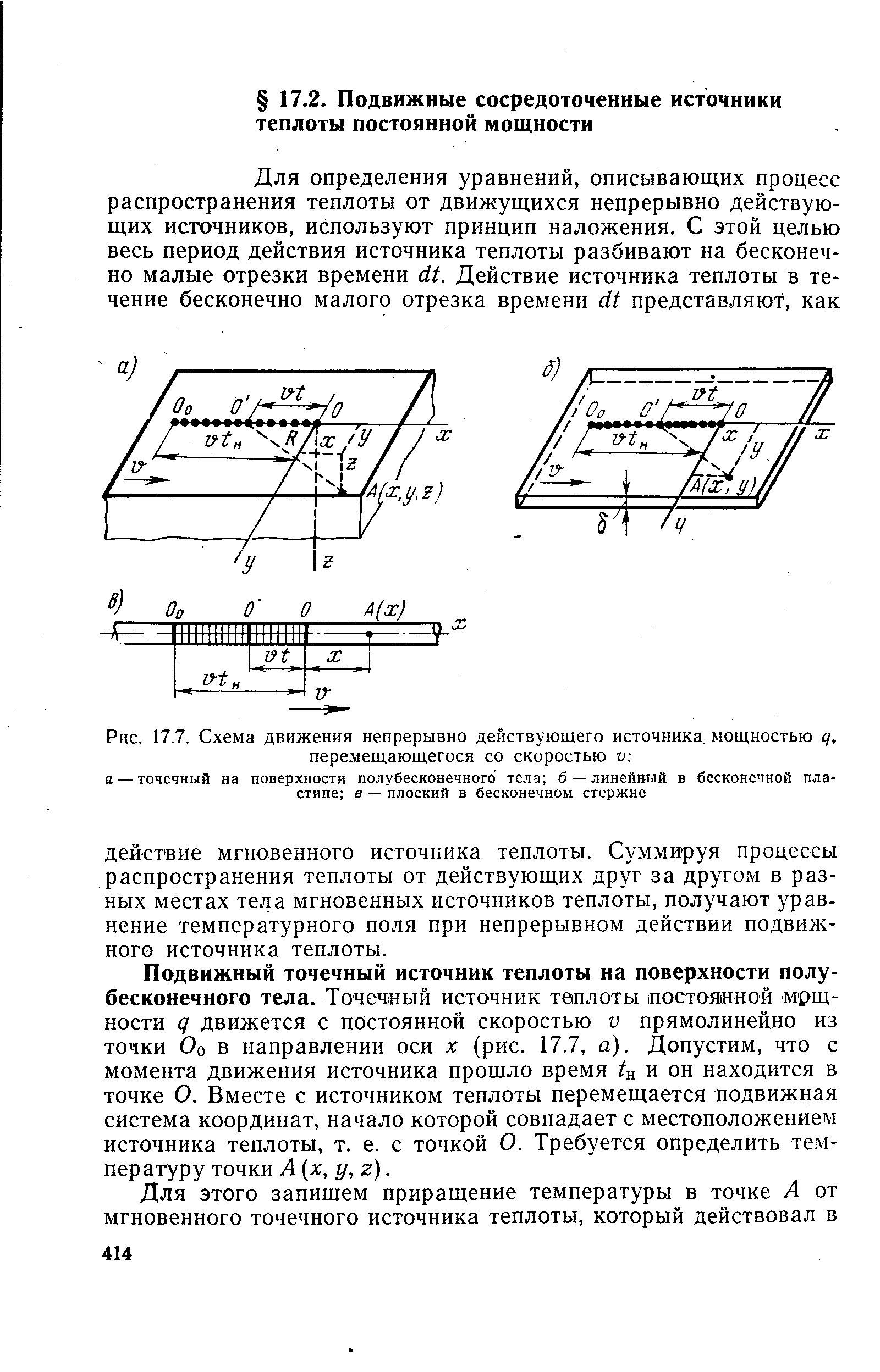 Рис. 17.7. <a href="/info/432231">Схема движения</a> <a href="/info/332164">непрерывно действующего</a> <a href="/info/202448">источника мощностью</a> д, перемещающегося со скоростью V я 70чечный на поверхности по.тубесконечного тела б — линейный в <a href="/info/384918">бесконечной пластине</a> в — плоский в бесконечном стержне
