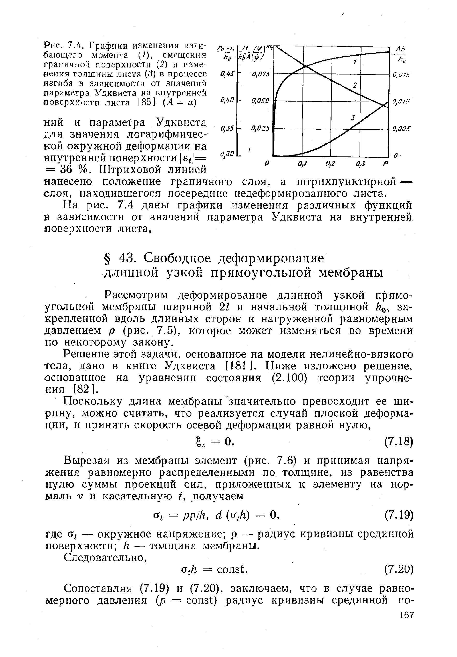 Рассмотрим деформирование длинной узкой прямоугольной мембраны шириной 2/ и начальной толщиной h , закрепленной вдоль длинных сторон и нагруженной равномерным давлением р (рис. 7.5), которое может изменяться во времени по некоторому закону.
