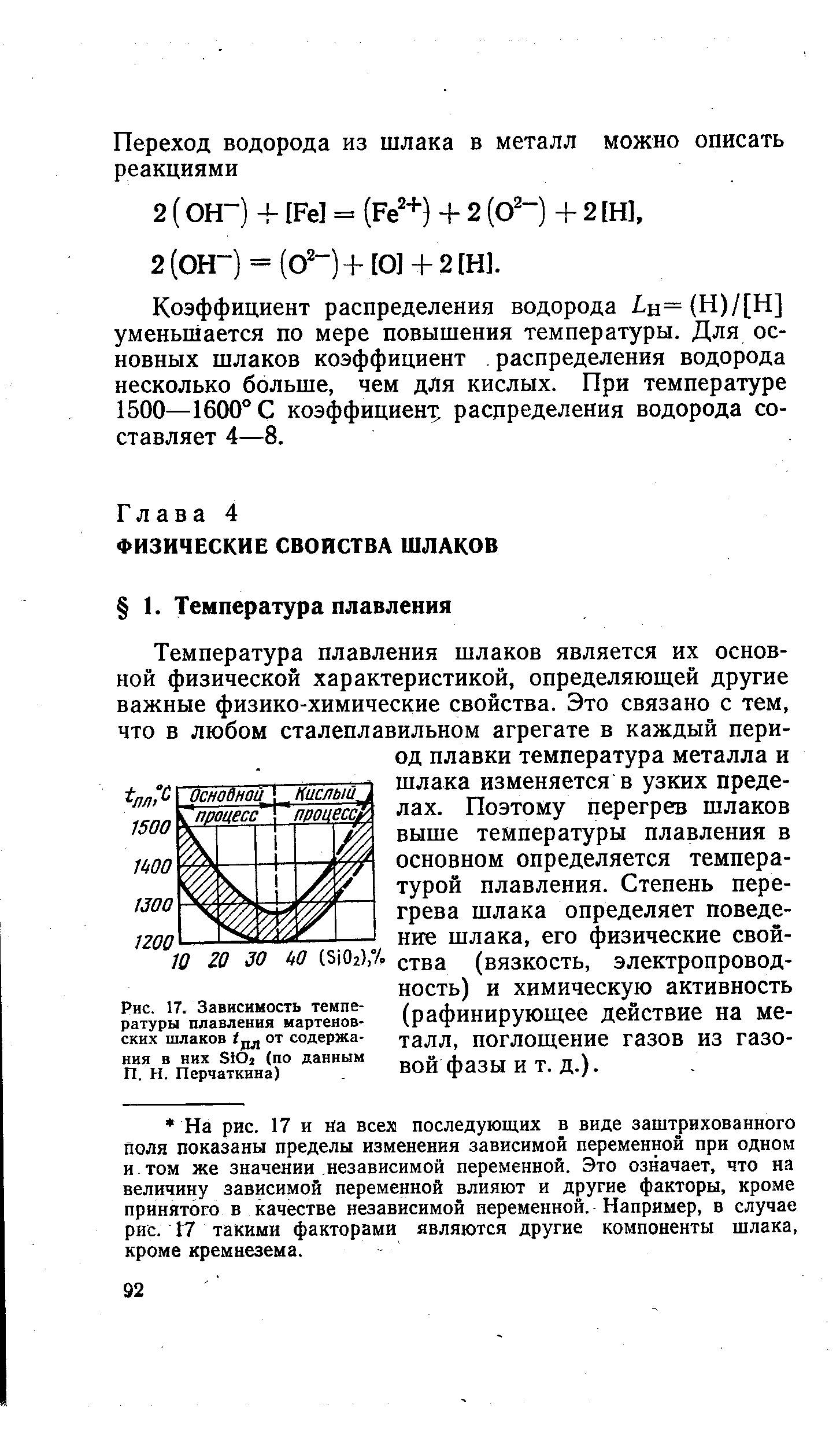 Температура плавления шлаков является их основной физической характеристикой, определяющей другие важные физико-химические свойства. Это связано с тем, что в любом сталеплавильном агрегате в каждый период плавки температура металла и шлака изменяется в узких пределах. Поэтому перегрев шлаков выше температуры плавления в основном определяется температурой плавления. Степень перегрева шлака определяет поведение шлака, его физические свой-10 20 30 ЬО (5102),% ства (вязкость, электропроводность) и химическую активность (рафинирующее действие на металл, поглощение газов из газовой фазы и т. д.).
