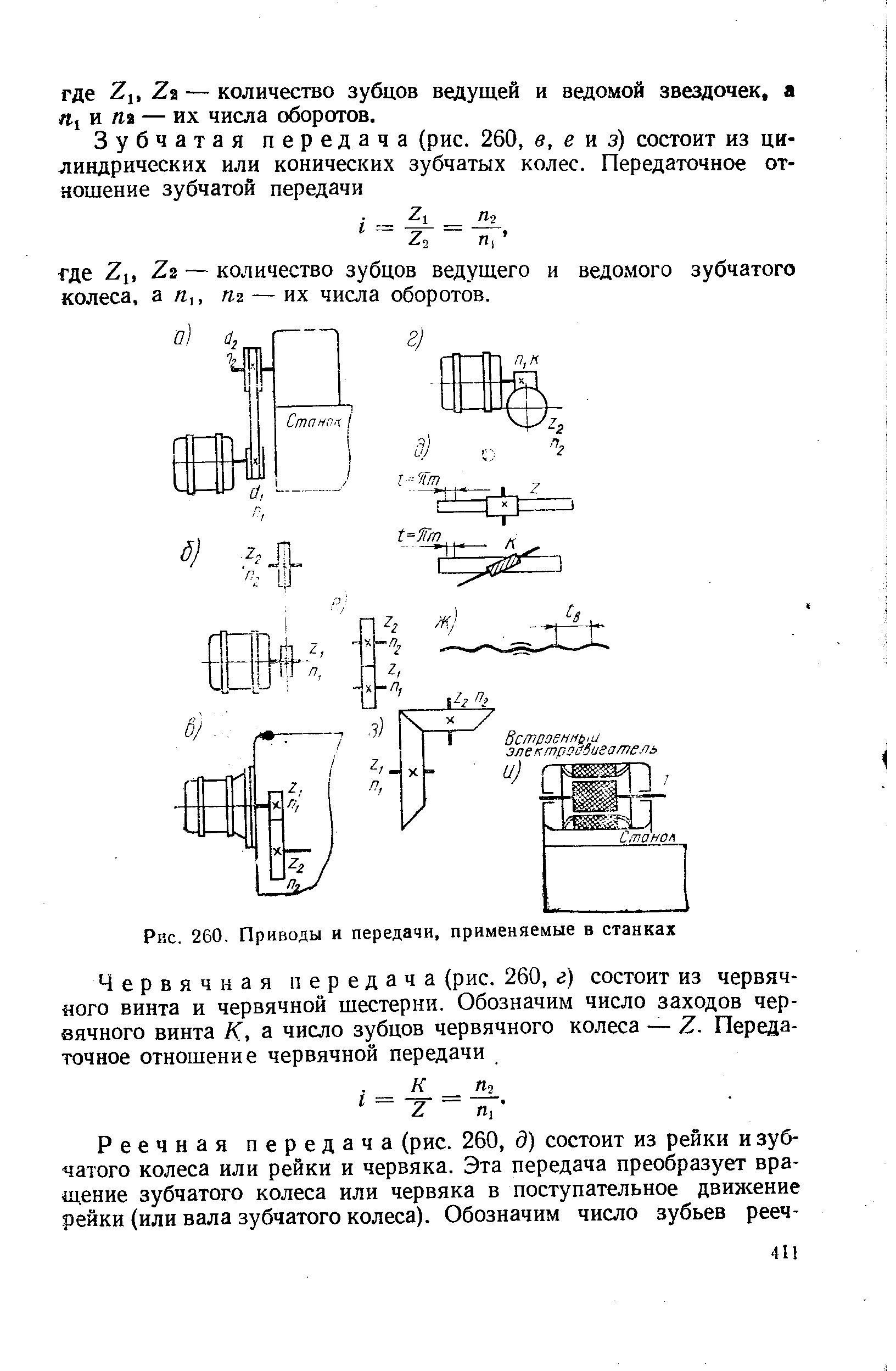Рис. 260, Приводы и передачи, применяемые в станках
