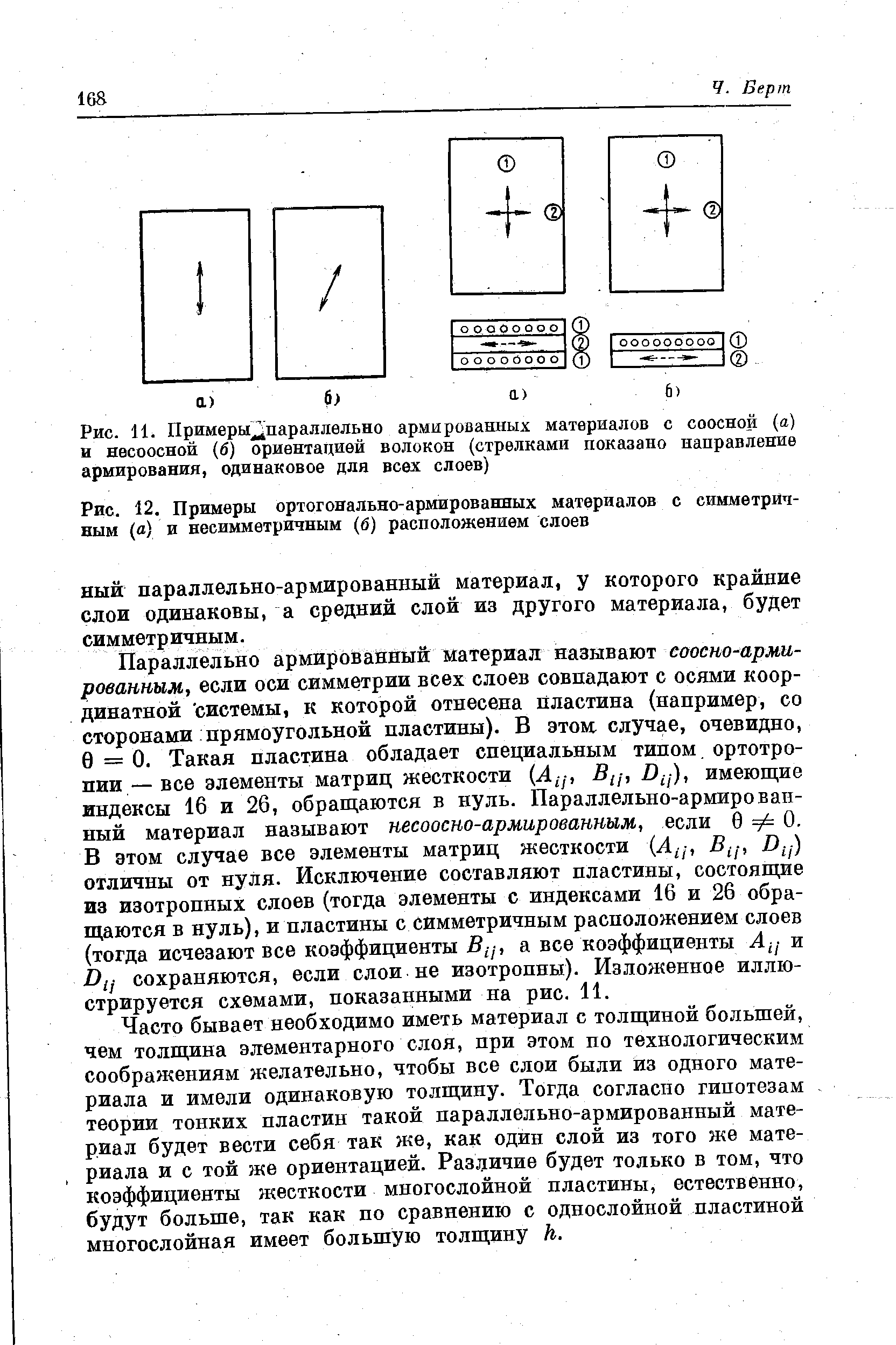 Рис. 12. Примеры ортогонально-армированных материалов с симметричным (а) и несимметричным (б) расположением слоев
