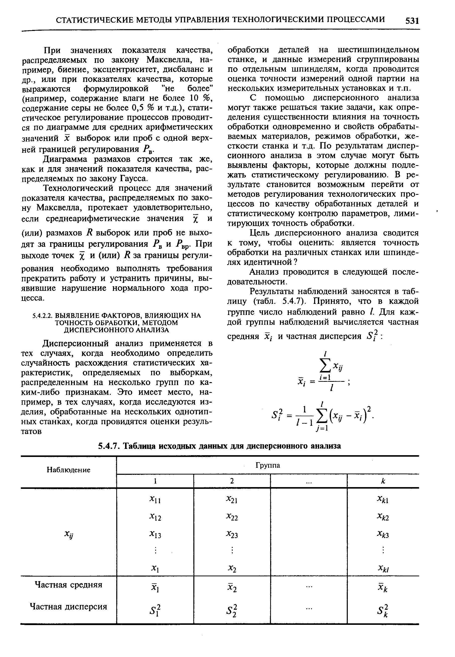 С помощью дисперсионного анализа могут также решаться такие задачи, как определения существенности влияния на точность обработки одновременно и свойств обрабатываемых материалов, режимов обработки, жесткости станка и т.д. По результатам дисперсионного анализа в этом случае могут бьггь выявлены факторы, которые должны подлежать статистическому регулированию. В результате становится возможным перейти от методов регулирования технологических процессов по качеству обработанных деталей и статистическому контролю параметров, лимитирующих точность обработки.
