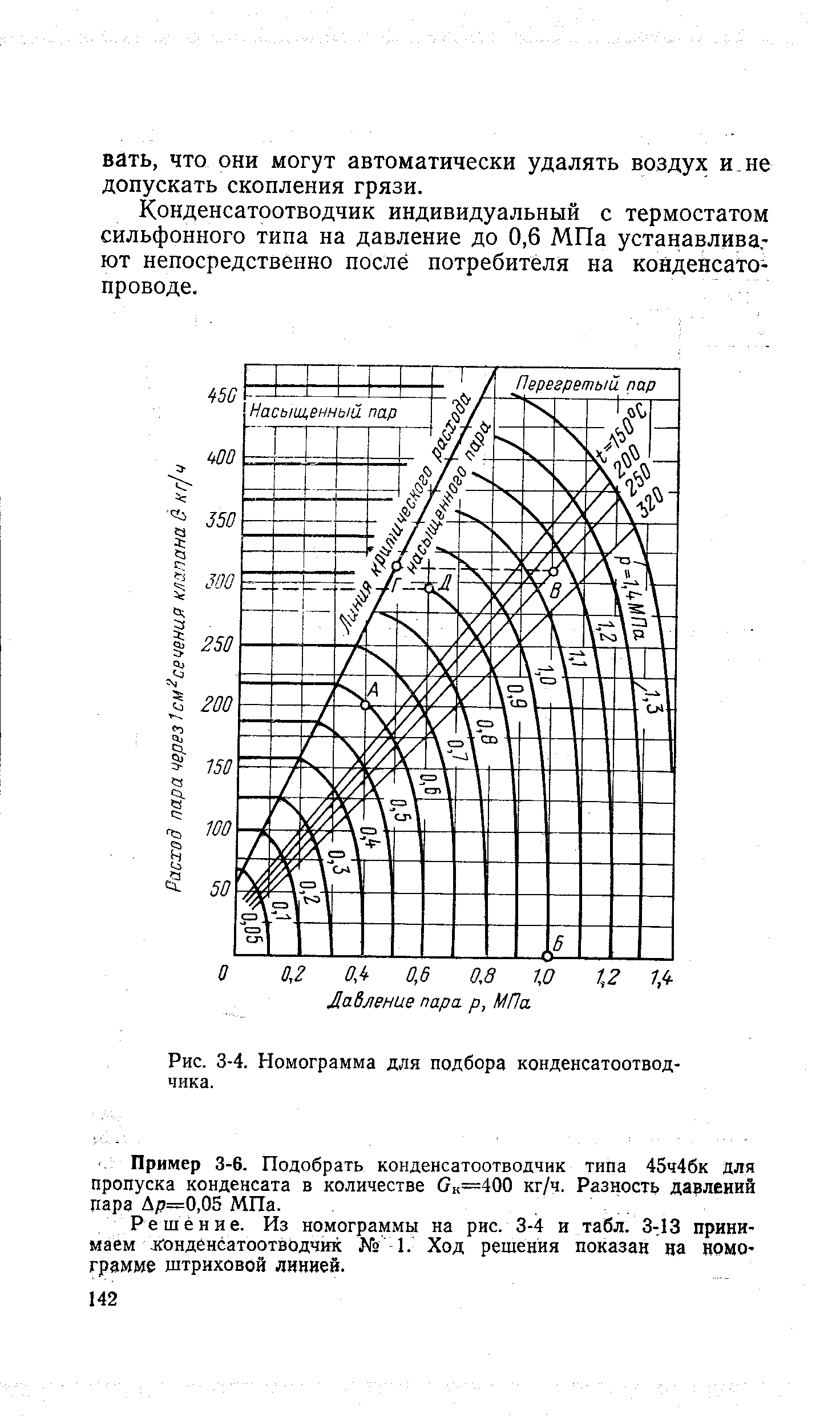 Рис. 3-4. Номограмма для подбора конденсатоотводчика.

