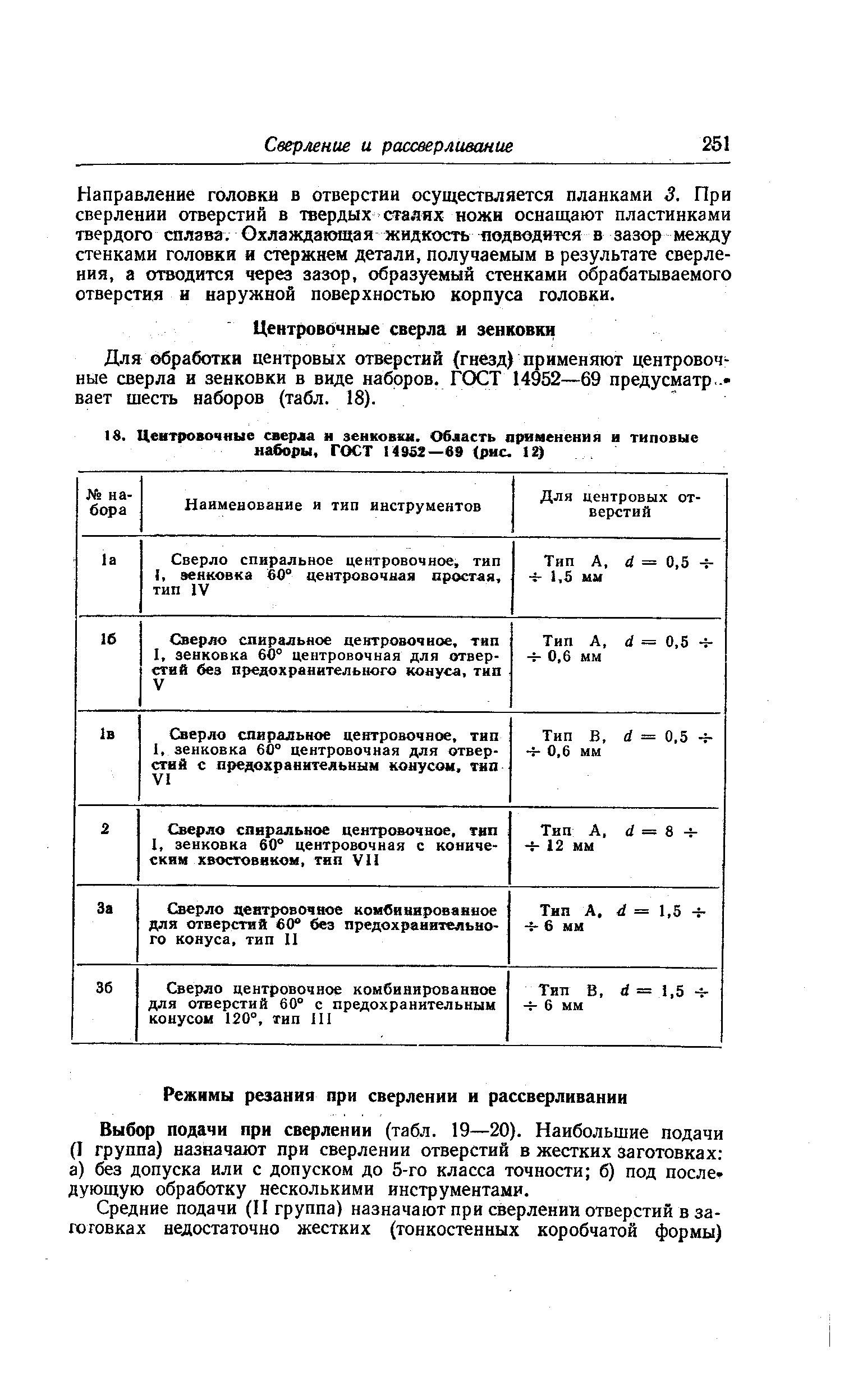 Для обработки центровых отверстий (гнезд) применяют центровочные сверла и зенковки в виде наборов. ГОСТ 14952—69 предусматр. вает шесть наборов (табл. 18).
