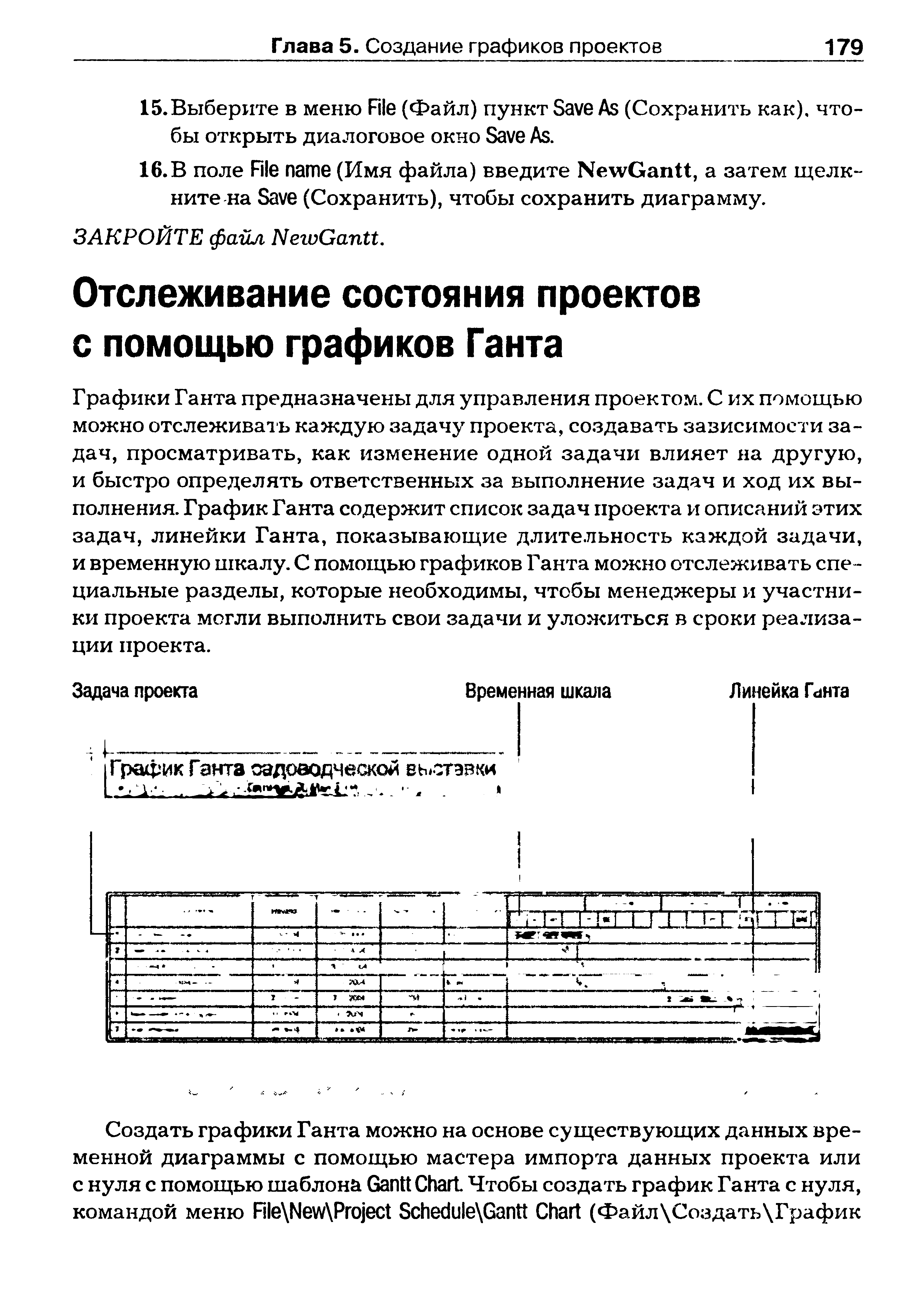 Г рафики Ганта предназначены для управления проектом. С их помощью можно отслежива1ъ каждую задачу проекта, создавать зависимости задач, просматривать, как изменение одной задачи влияет на другую, и быстро определять ответственных за выполнение задач и ход их выполнения. График Ганта содержит список задач проекта и описаний этих задач, линейки Ганта, показывающие длительность каждой за/дачи, и временную шкалу. С помощью графиков Ганта можно отслеживать спе циальные разделы, которые необходимы, чтобы менеджеры и участники проекта могли выполнить свои задачи и уложиться в сроки реализации проекта.
