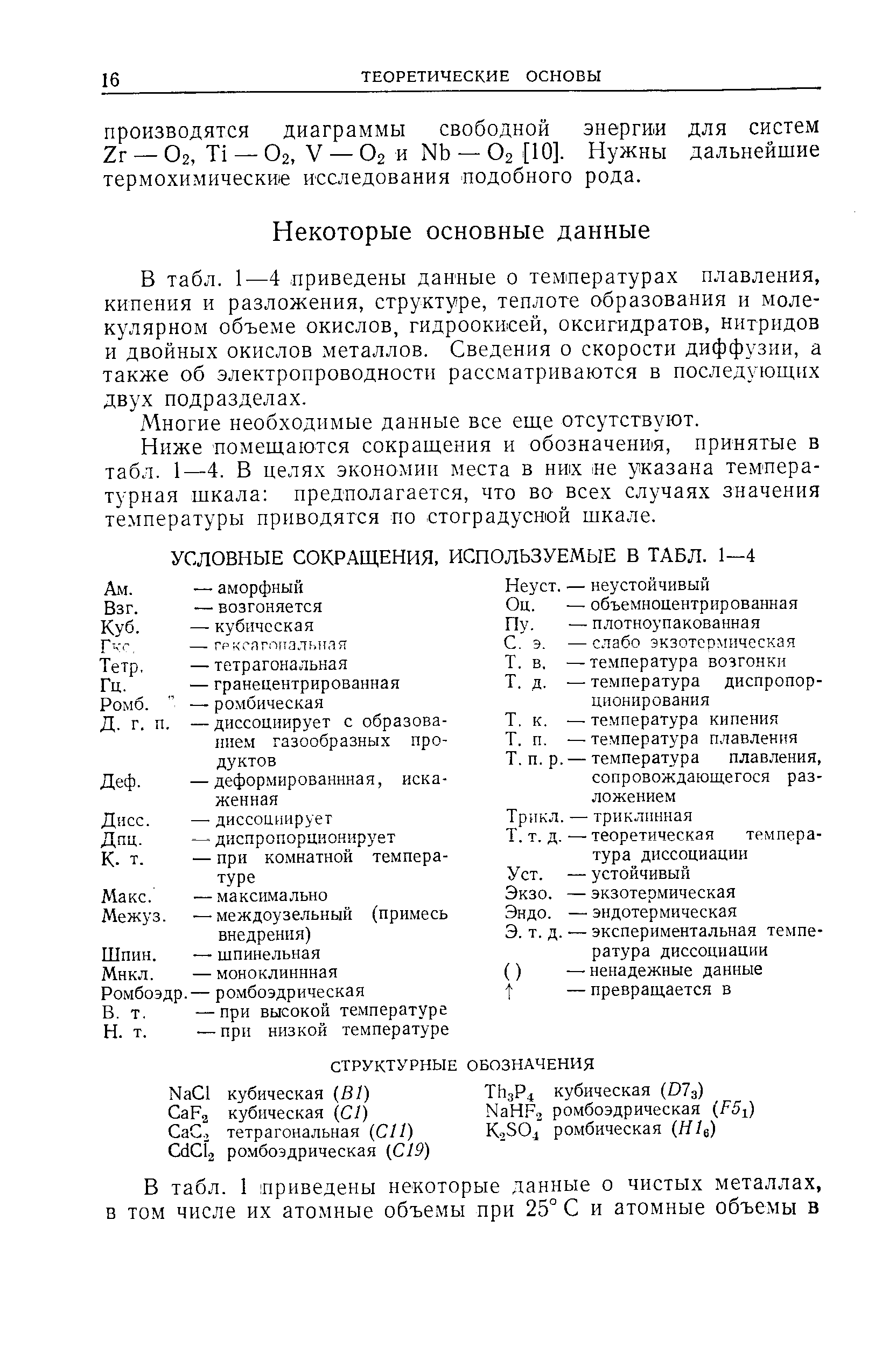 В табл. 1—4 приведены данные о температурах плавления, кипения и разложения, структуре, теплоте образования и молекулярном объбхме окислов, гидроокисей, оксигидратов, нитридов и двойных окислов металлов. Сведения о скорости диффузии, а также об электропроводности рассматриваются в последующих двух подразделах.
