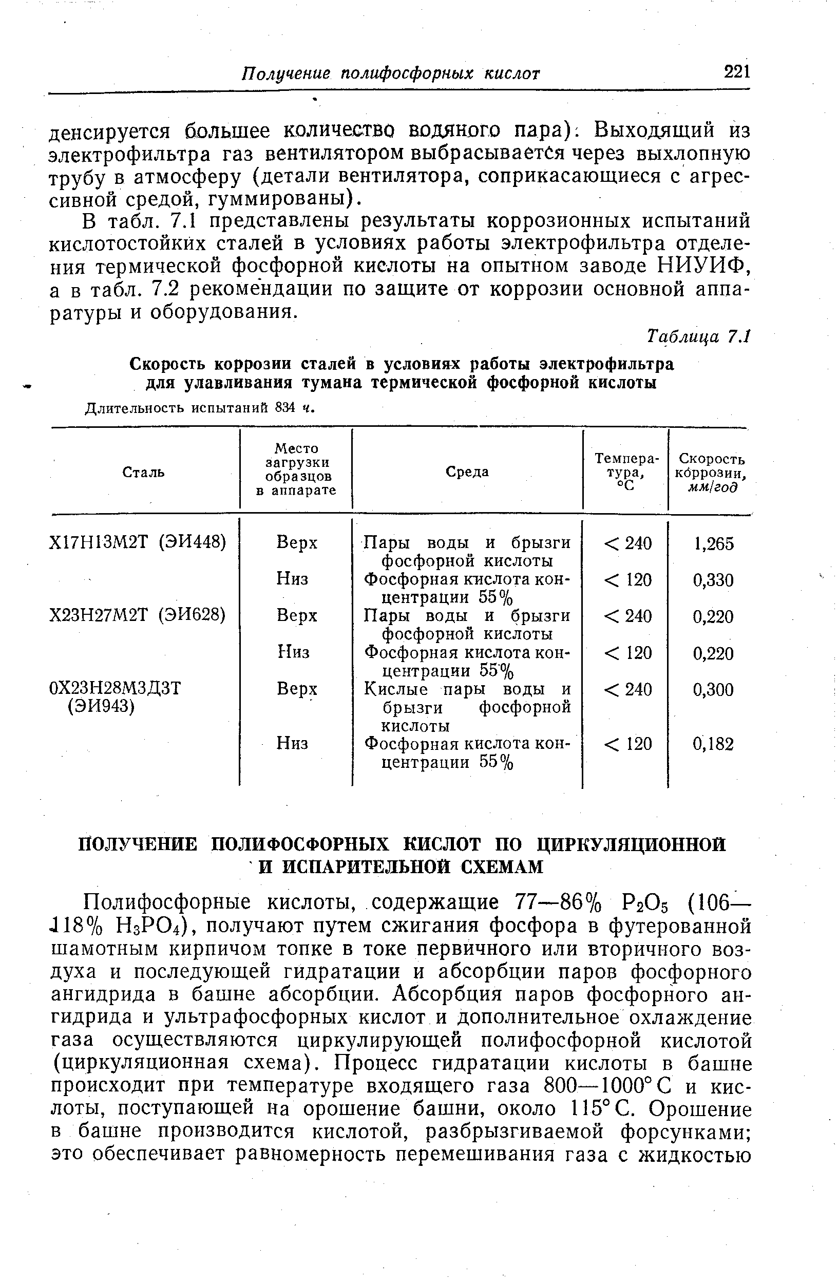 В табл. 7.1 представлены результаты коррозионных испытаний кислотостойких сталей в условиях работы электрофильтра отделения термической фосфорной кислоты на опытном заводе НИУИФ, а в табл. 7.2 рекомендации по защите от коррозии основной аппаратуры и оборудования.
