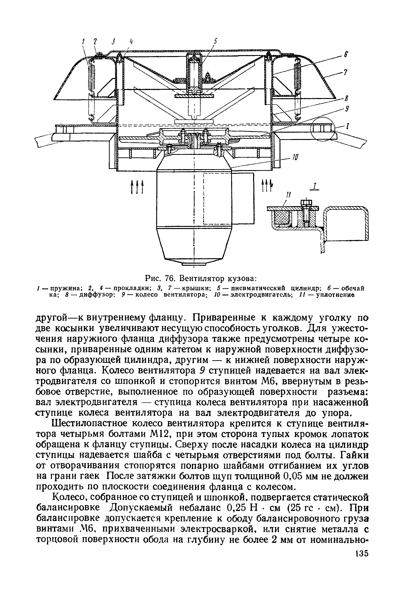 Шестилопастное колесо вентилятора крепится к ступице вентилятора четырьмя болтами М12, при этом сторона тупых кромок лопаток обращена к фланцу ступицы. Сверху после насадки колеса на цилиндр ступицы надевается шайба с четырьмя отверстиями под болты. Гайки от отворачивания стопорятся попарно шайбами отгибанием их углов на грани гаек После затяжки болтов щуп толщиной 0,05 мм не должен проходить по плоскости соединения фланца с колесом.
