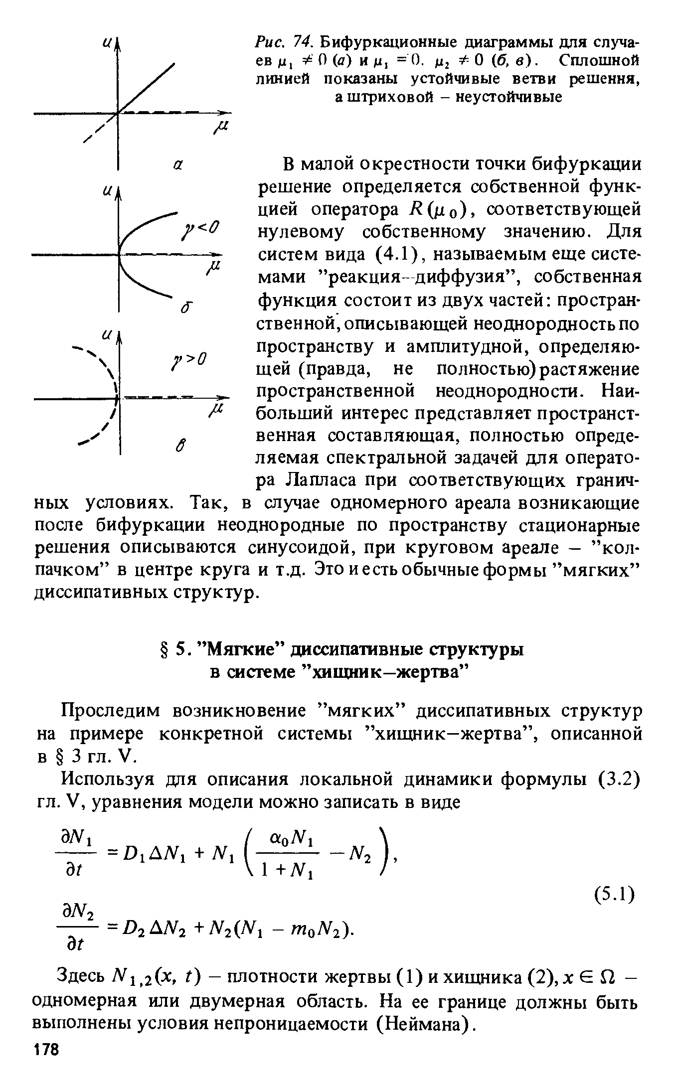 Рис. 74. <a href="/info/359271">Бифуркационные диаграммы</a> для случаев м, О (а) и М1 = <) М2 О (б, в). <a href="/info/232485">Сплошной линией</a> показаны устойчивые ветви решения, а штриховой - неустойчивые
