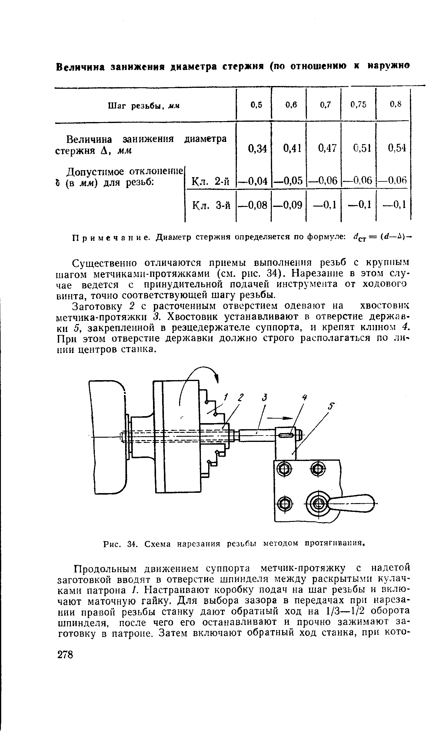Существенно отличаются приемы выполнения резьб с крупным шагом метчиками-протяжками (см. рис. 34). Нарезание в этом случае ведется с принудительной подачей инструмента от ходового винта, точно соответствующей шагу резьбы.
