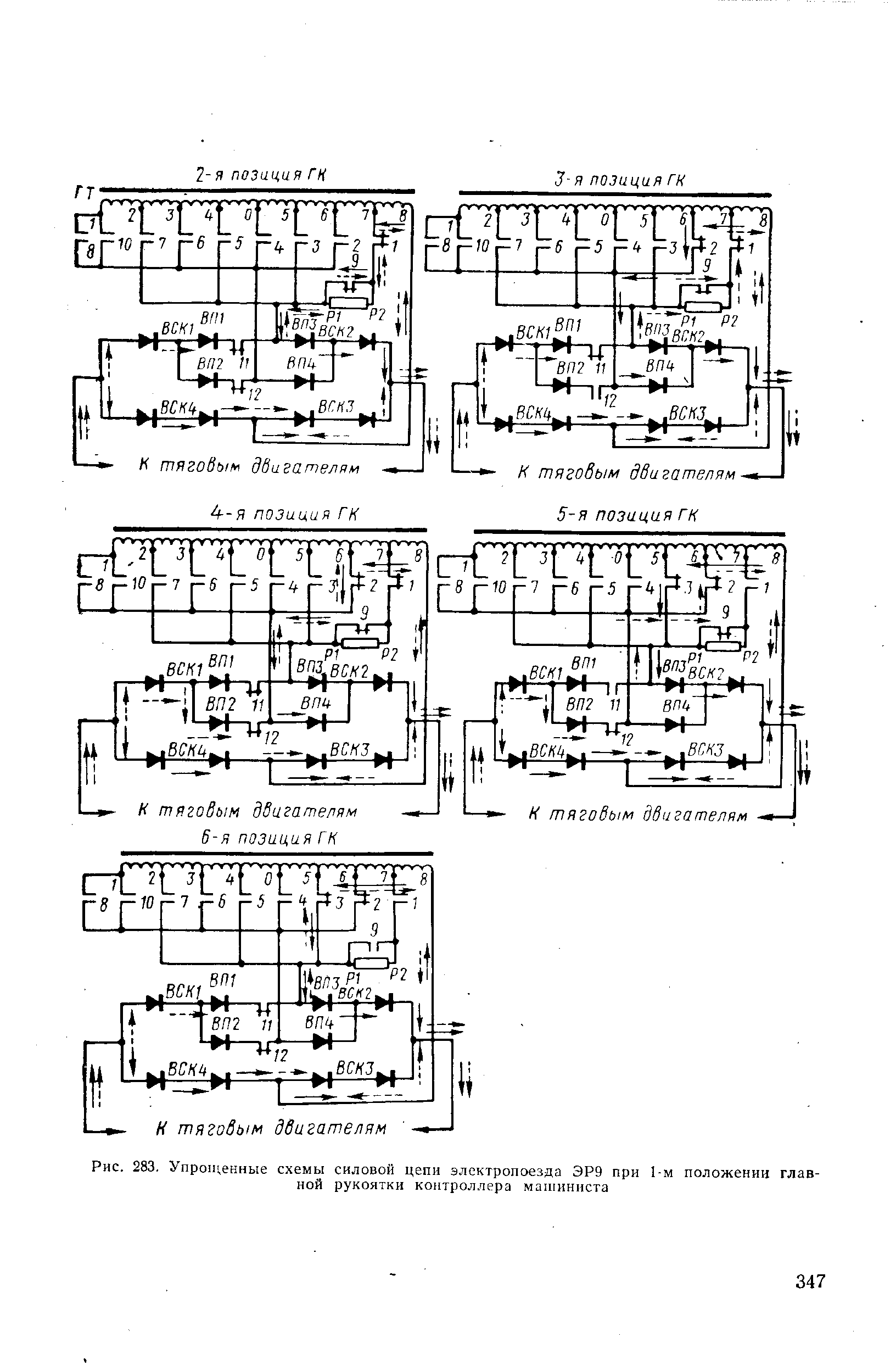 Рис. 283, Упрощенные схемы силовой цепи электропоезда ЭР9 при 1-м положении главной рукоятки контроллера машиниста
