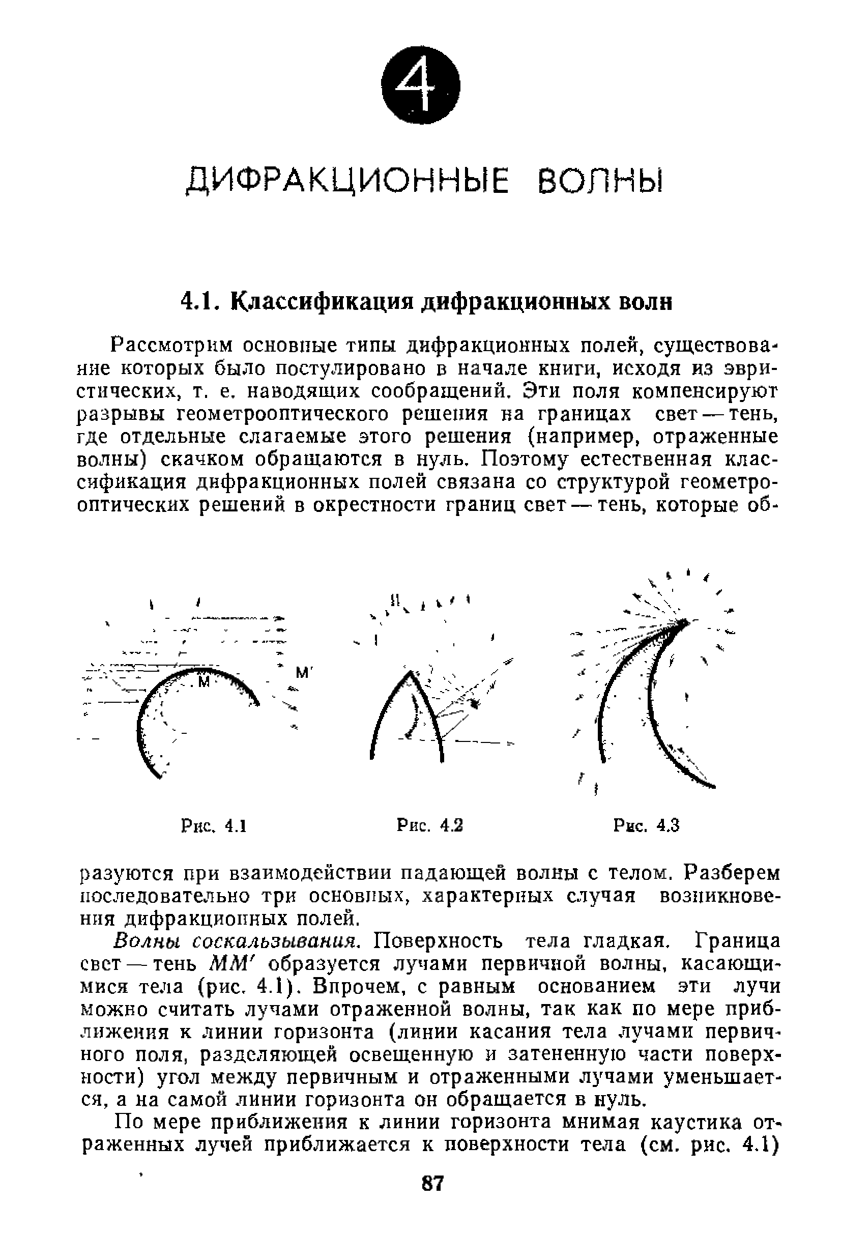 Волны соскальзывания. Поверхность тела гладкая. Граница свст —тень ММ образуется лучами первичной волны, касающимися тела (рис, 4.1). Впрочем, с равным основанием эти лучи можно считать лучами отраженной волны, так как по мере приближения к линии горизонта (линии касания тела лучами первичного поля, разделяющей освещенную и затененную части поверхности) угол между первичным и отраженными лучами уменьшается, а на самой линии горизонта он обращается в нуль.
