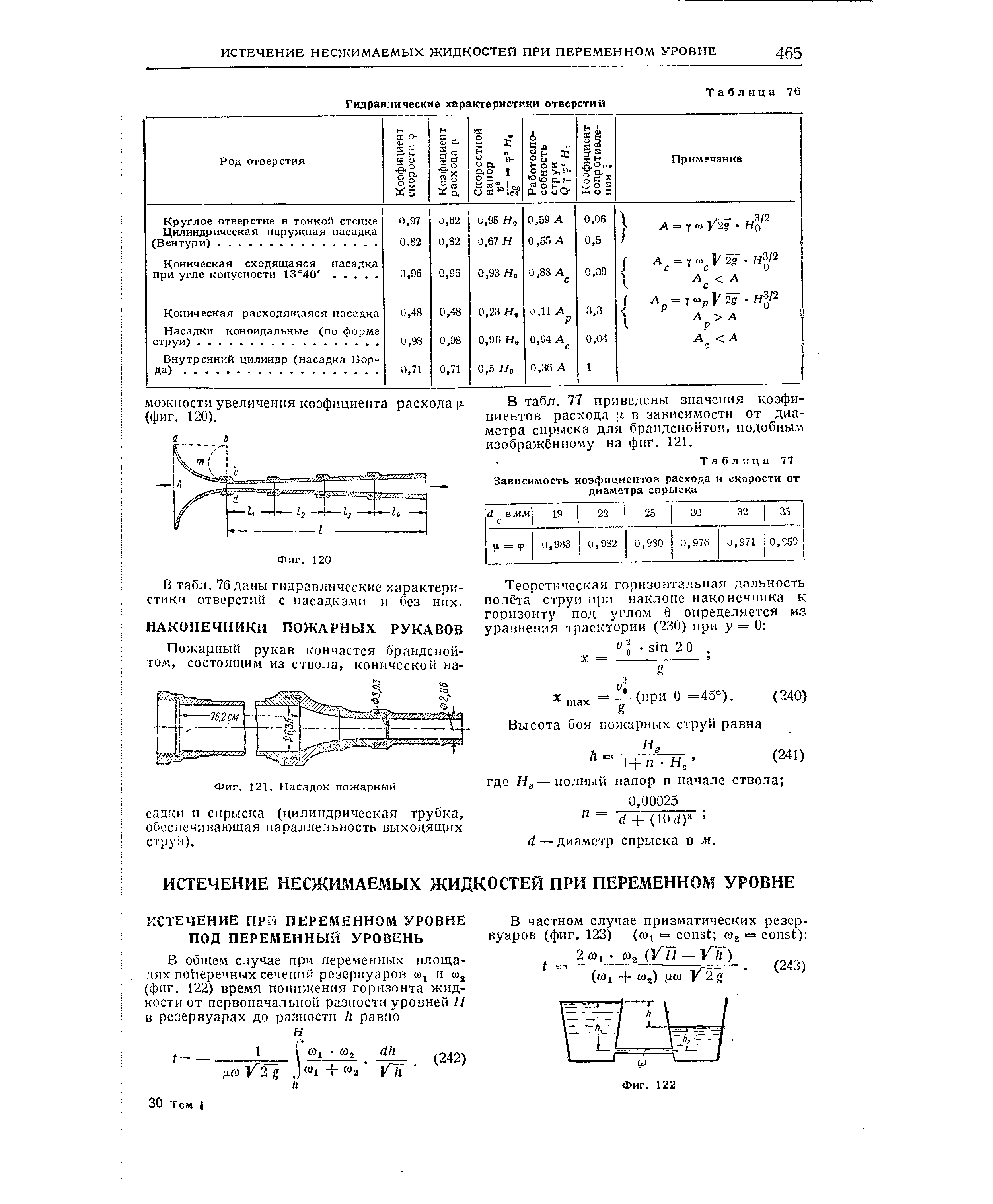 В табл. 77 приведены значения коэфициентов расхода х в зависимости от диаметра спрыска для брандспойтов, подобным изображённому на фиг. 21.
