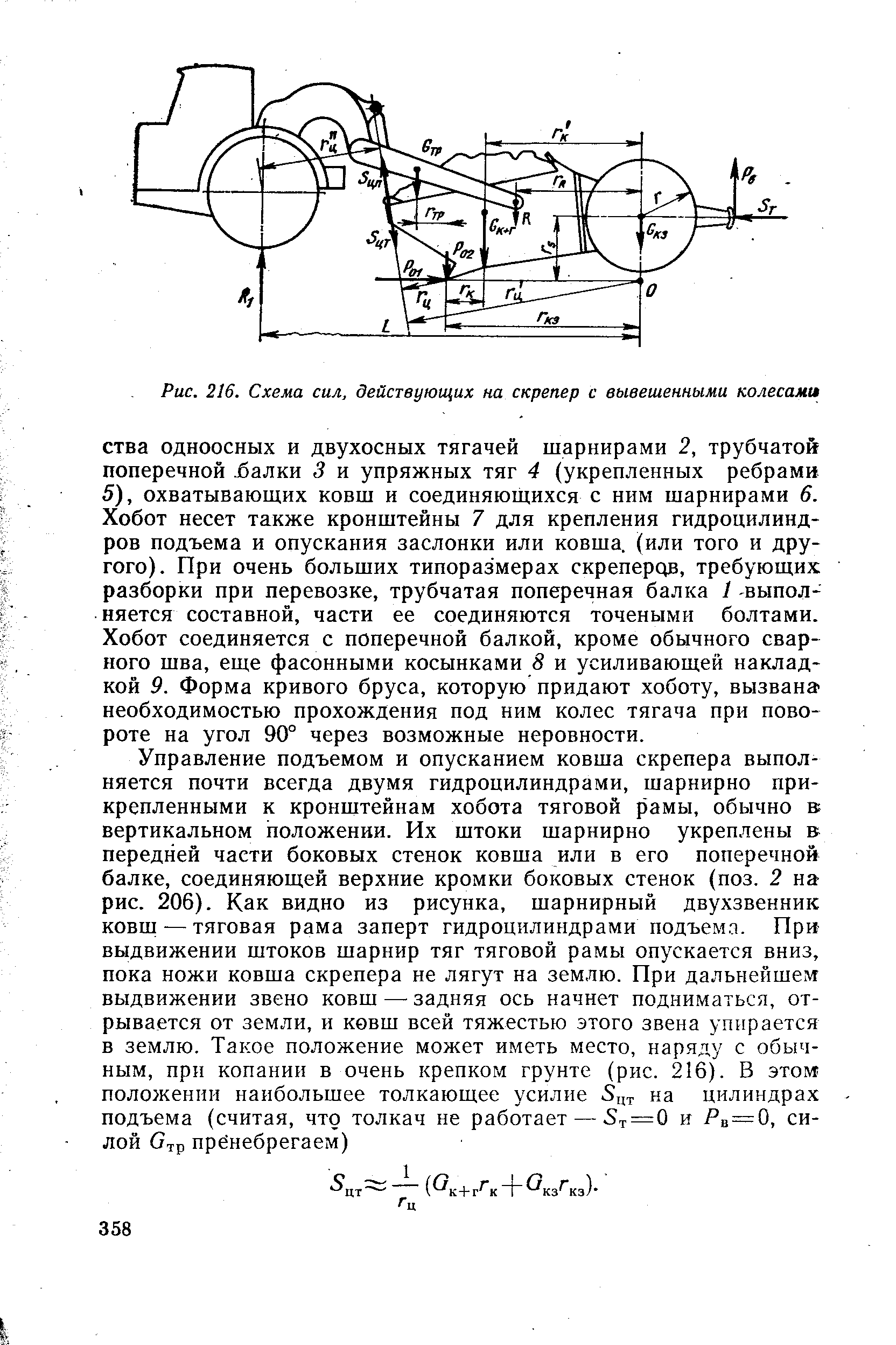 Рис. 216. Схема сил, действующих на скрепер с вывешенными колесами
