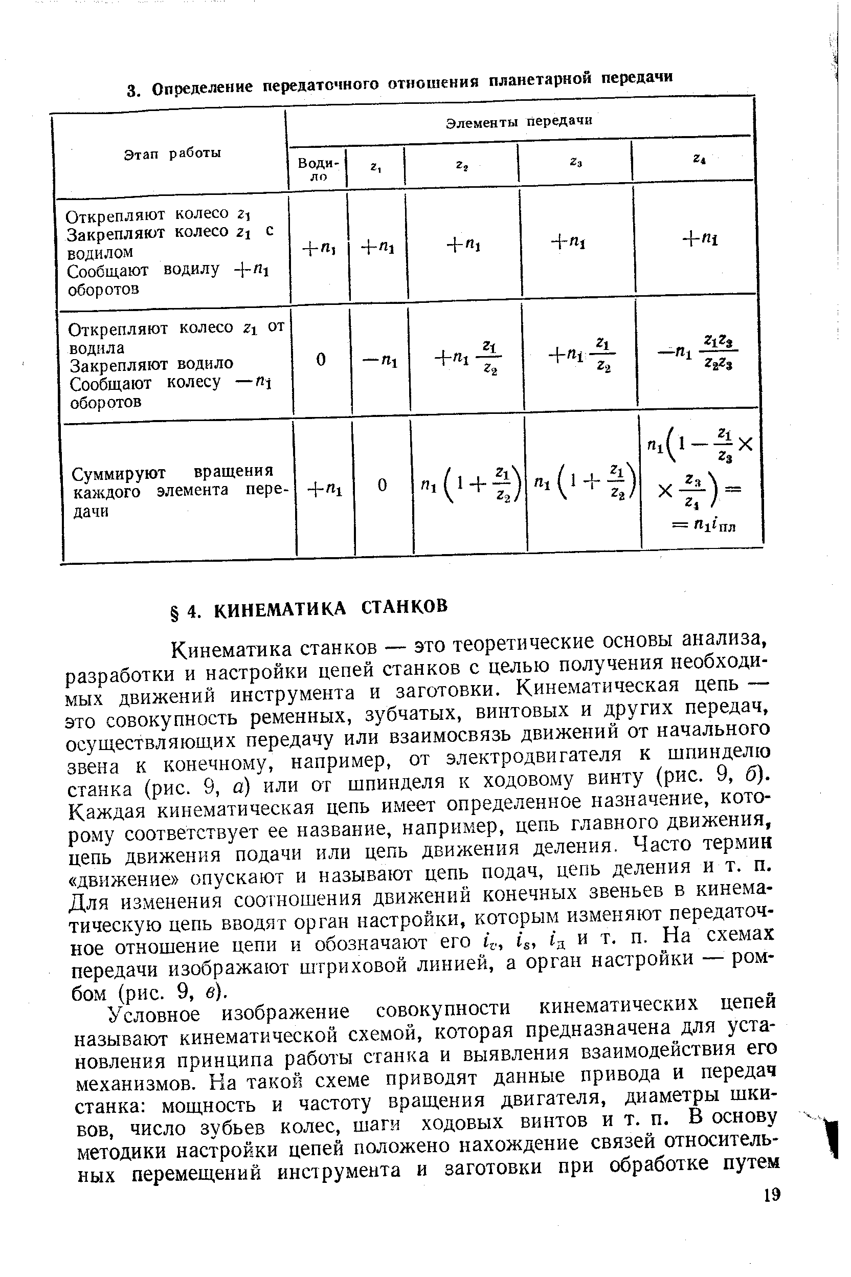 Кинематика станков — это теоретические основы анализа, разработки и настройки цепей станков с целью получения необходимых движений инструмента и заготовки. Кинематическая цепь — это совокупность ременных, зубчатых, винтовых и других передач, осуществляющих передачу или взаимосвязь движений от начального звена к конечному, например, от электродвигателя к шпинделю станка (рис. 9, а) или от шпинделя к ходовому винту (рис. 9, б). Каждая кинематическая цепь имеет определенное назначение, которому соответствует ее название, например, цепь главного движения, цепь движения подачи или цепь движения деления. Часто термин движение опускают и называют цепь подач, цепь деления и т. п. Для изменения соотношения движений конечных звеньев в кине.ма-тическую цепь вводят орган настройки, которым изменяют передаточное отношение цепи и обозначают его tV, is, и т. п. На схемах передачи изображают штриховой линией, а орган настройки — ромбом (рис. 9, в).
