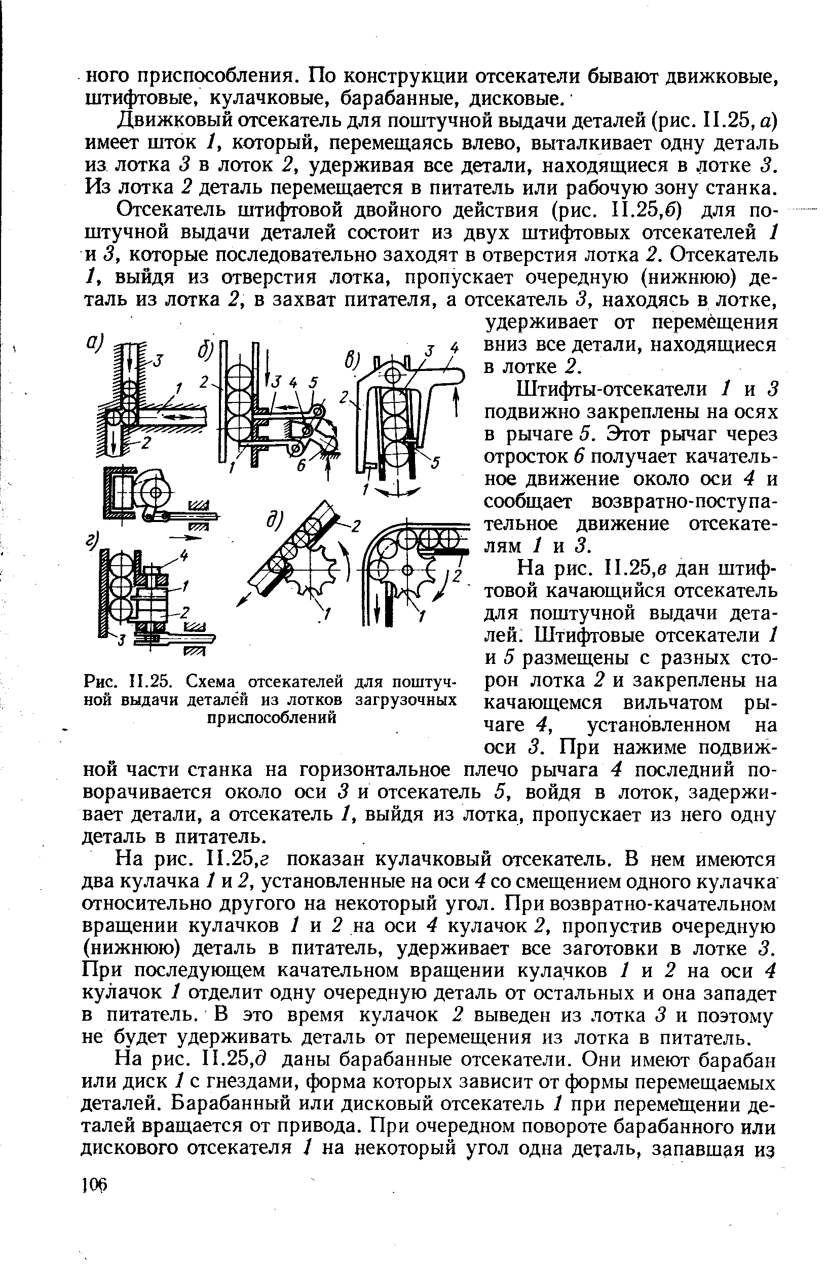 Рис. 11.25. Схема отсекателей для <a href="/info/159632">поштучной выдачи</a> деталей из лотков загрузочных приспособлений
