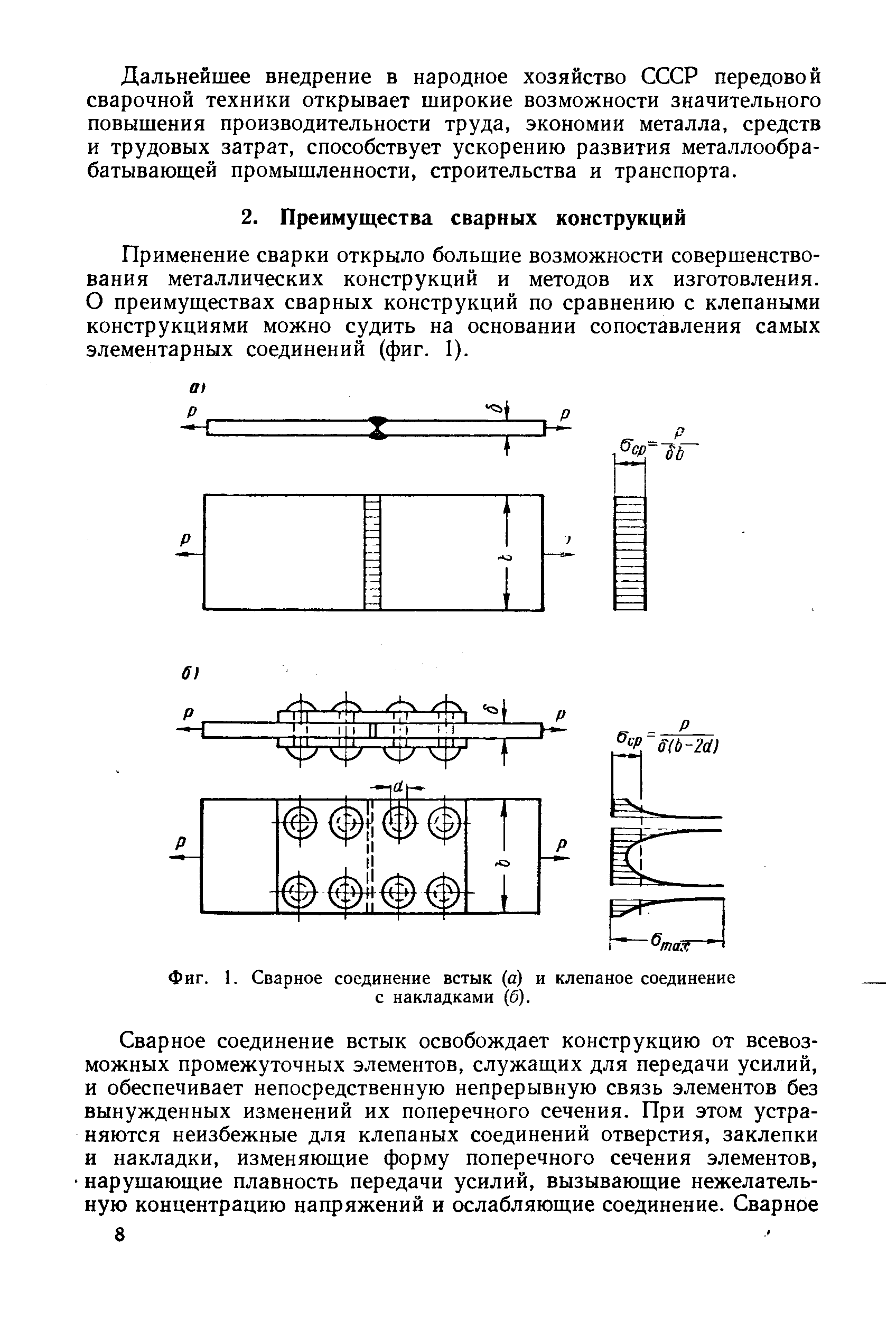 Фиг. 1. Сварное соединение встык (а) и клепаное соединение с накладками (б).

