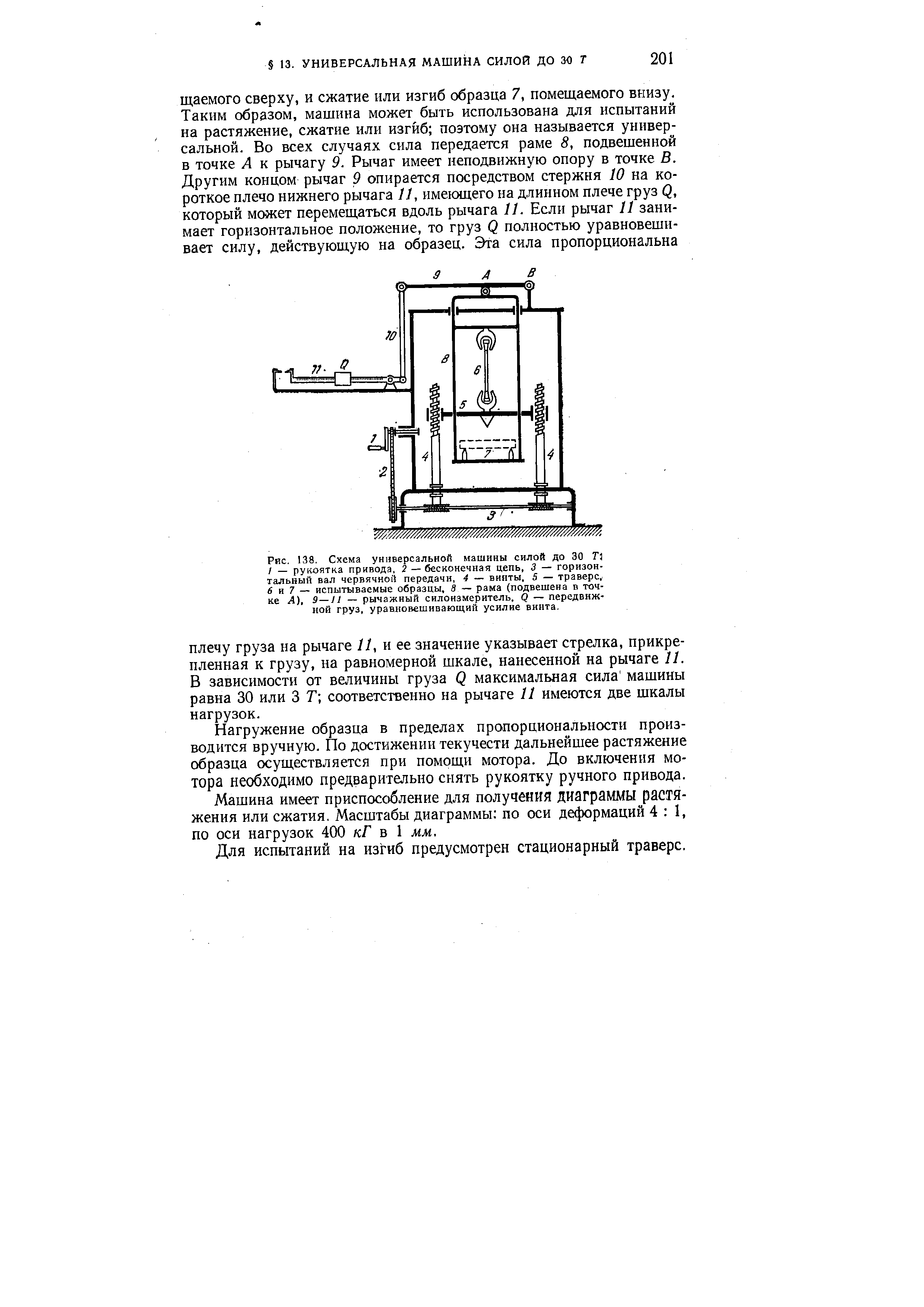 Рис. 138. Схема уннверсальной машины силой до 30 Г) I — рукоятка привода, 2 — бесконечная цепь, 3 — горизон-гальный вал <a href="/info/217">червячной передачи</a>, 4 — винты, 5 — траверс, 6 и 7 — испытываемые образцы, S — рама (подвешена в точке А), 9—II — рычажный силоизмеритель, Q — передвижной груз, уравловешнвающий усилие винта.

