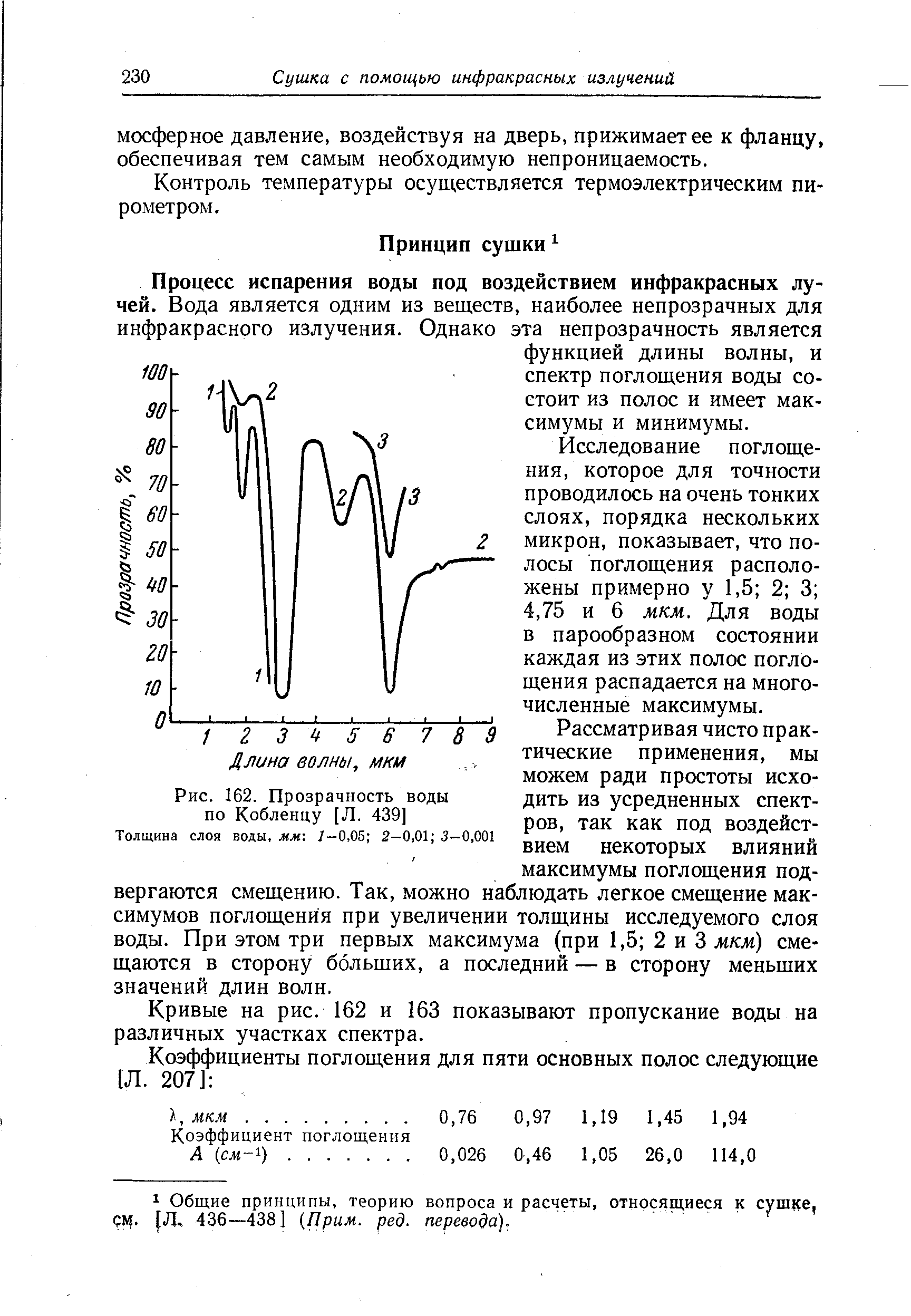 Исследование поглощения, которое для точности проводилось на очень тонких слоях, порядка нескольких микрон, показывает, что полосы поглощения расположены примерно у 1,5 2 3 4,75 и 6 мкм. Для воды в парообразном состоянии каждая из этих полос поглощения распадается на многочисленные максимумы.
