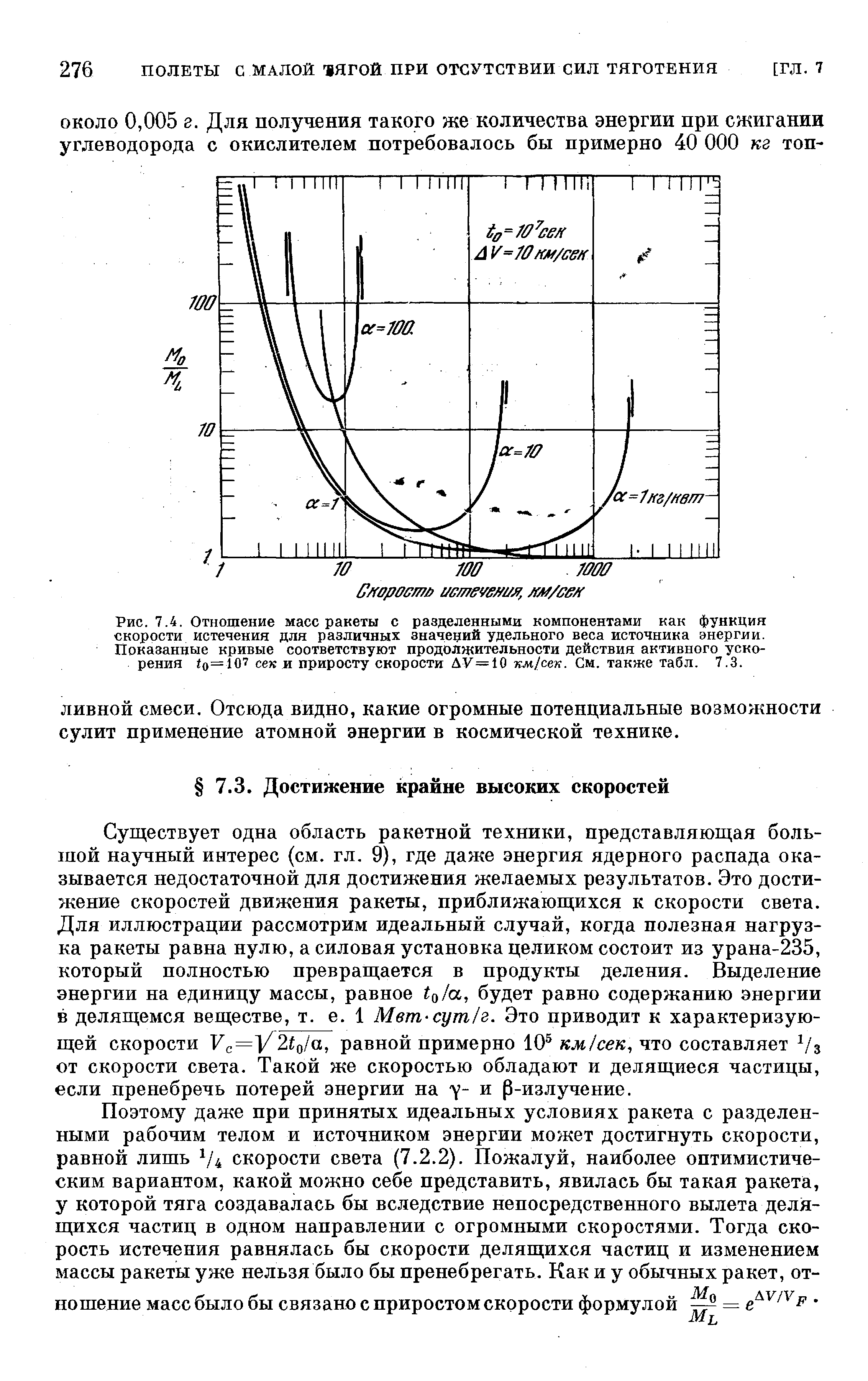 Существует одна область ракетной техники, представляющая большой научный интерес (см. гл. 9), где даже энергия ядерного распада оказывается недостаточной для достижения желаемых результатов. Это достижение скоростей движения ракеты, приближающихся к скорости света. Для иллюстрации рассмотрим идеальный случай, когда полезная нагрузка ракеты равна нулю, а силовая установка целиком состоит из урана-235, который полностью превращается в продукты деления. Выделение энергии на единицу массы, равное о/а, будет равно содержанию энергии в делящемся веществе, т. е. 1 Мет-сут г. Это приводит к характеризующей скорости F =l/2io/a, равной примерно 10 км сек, что составляет /з от скорости света. Такой же скоростью обладают и делящиеся частицы, если пренебречь потерей энергии на у- и -излучение.
