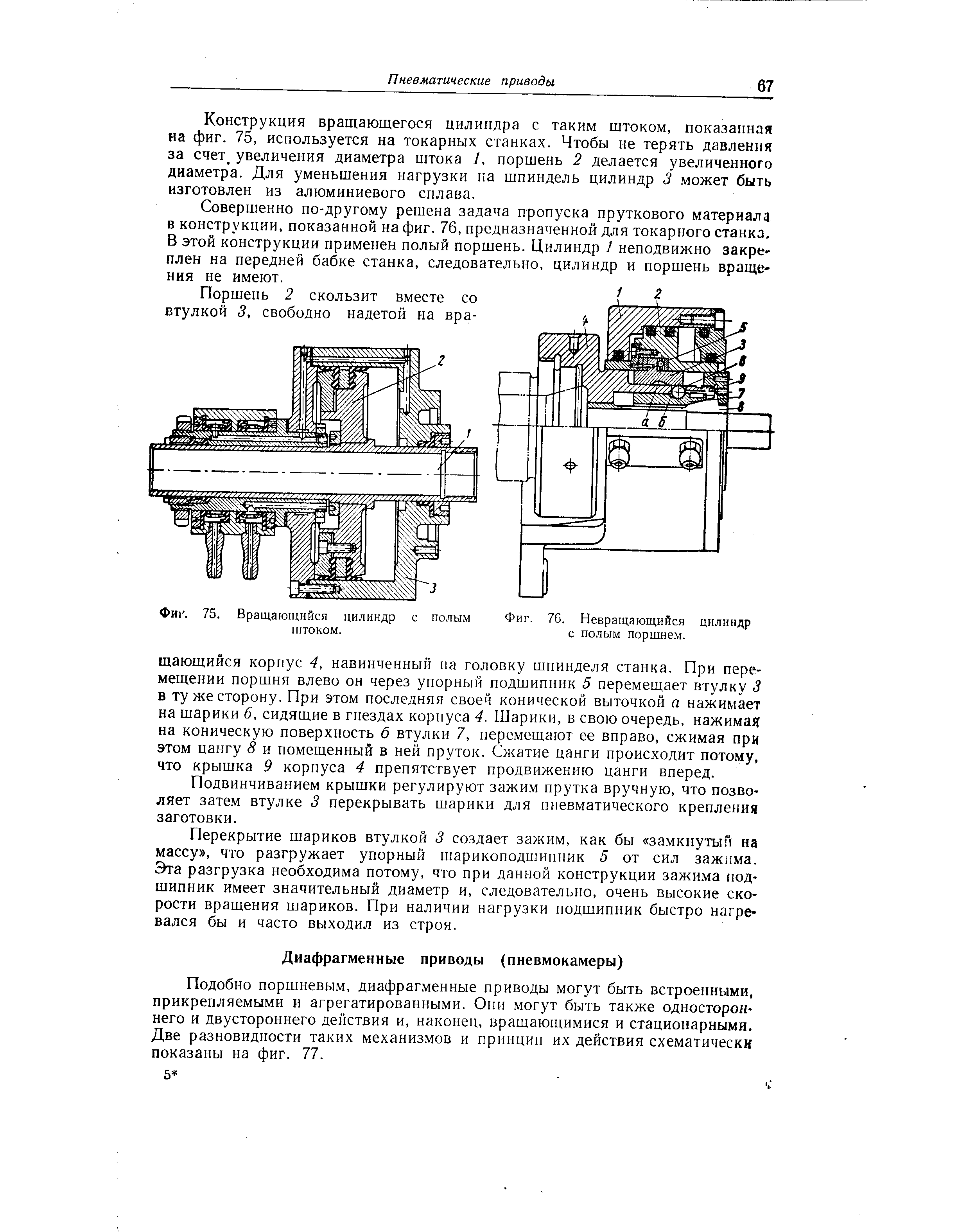 Подобно поршневым, диафрагменные приводы могут быть встроенными, прикрепляемыми и агрегатированными. Они могут быть также одностороннего и двустороннего действия и, наконец, вращающимися и стационарными. Две разновидности таких механизмов и принцип их действия схематически показаны на фиг. 77.
