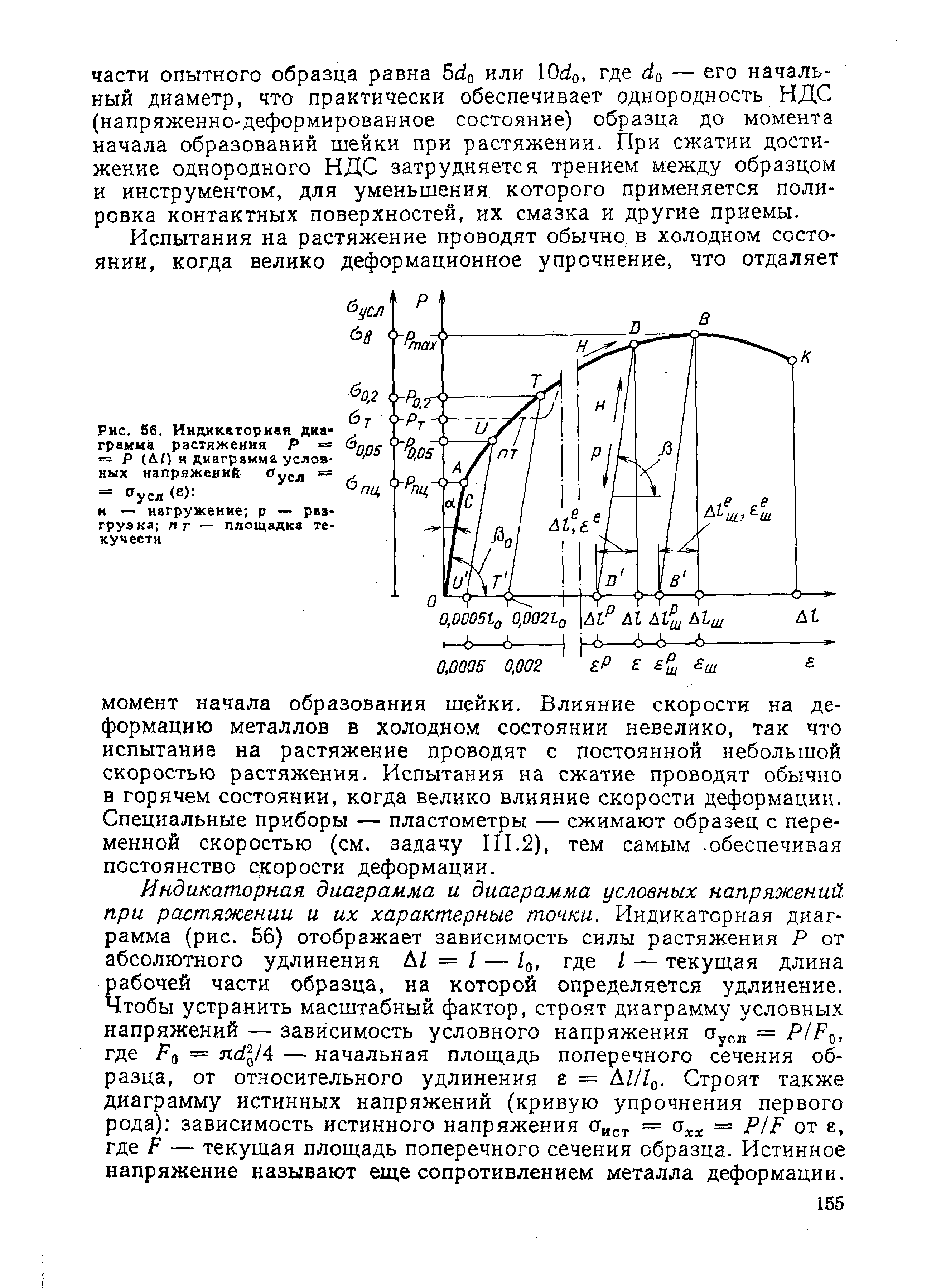 Индикаторная диаграмма и диаграмма условных напряжений при растяжении и их характерные точки. Индикаторная диаграмма (рис. 56) отображает зависимость силы растяжения Р от абсолютного удлинения 1 = 1 — 1 , где I — текущая длина рабочей части образца, на которой определяется удлинение, Чтобы устранить масштабный фактор, строят диаграмму условных напряжений — зависимость условного напряжения Оуел = Р Р , где Fq == ndyA — начальная площадь поперечного сечения образца, от относительного удлинения е = Строят также диаграмму истинных напряжений (кривую упрочнения первого рода) зависимость истинного напряжения ст ст = — Р/Р от я, где F — текущая площадь поперечного сечения образца. Истинное напряжение называют еще сопротивлением металла деформации.
