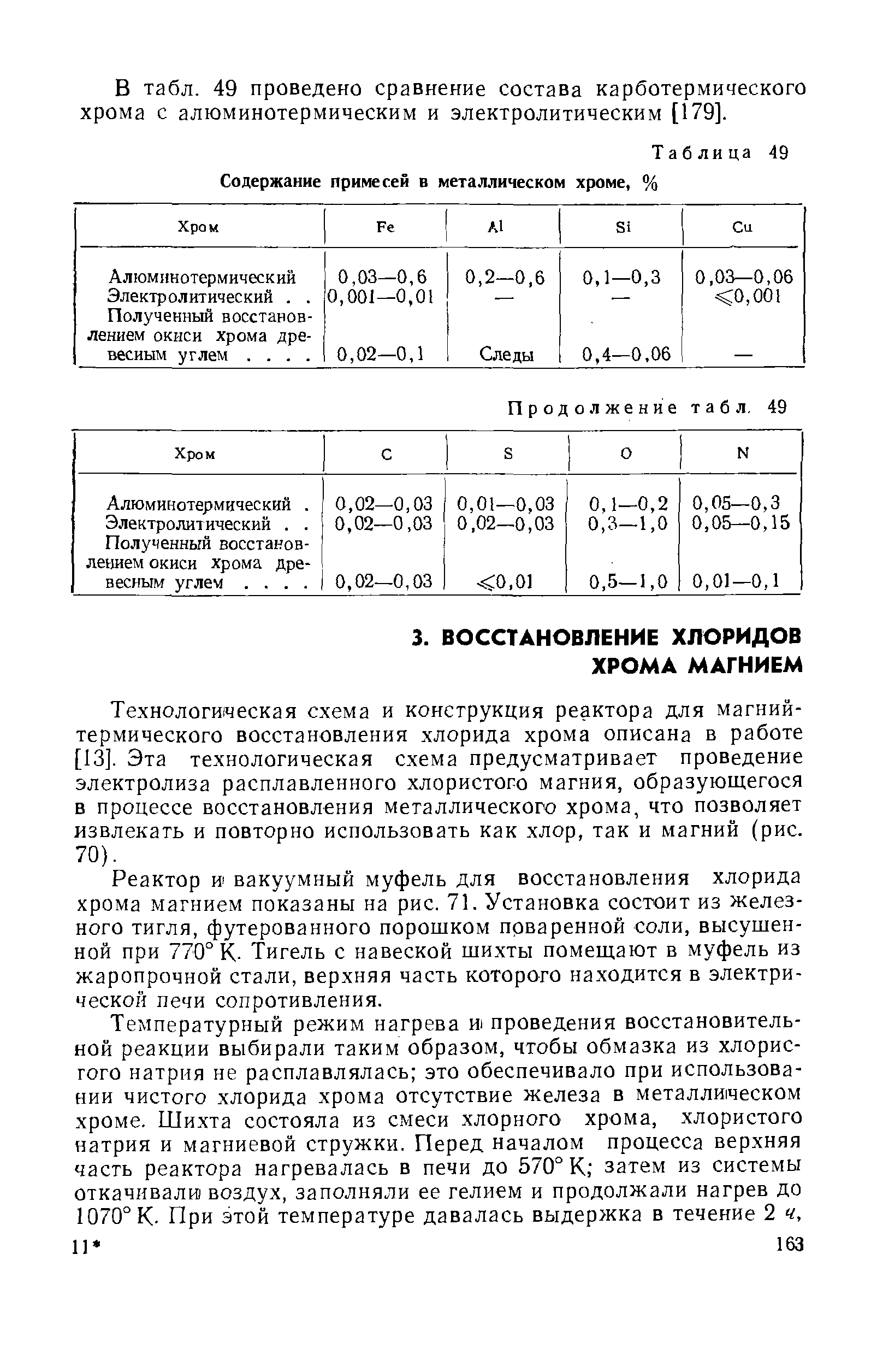 Технологическая схема и конструкция реактора для магний-термического восстановления хлорида хрома описана в работе [13]. Эта технологическая схема предусматривает проведение электролиза расплавленного хлористого магния, образующегося в процессе восстановления металлического хрома, что позволяет извлекать и повторно использовать как хлор, так и магний (рис. 70).
