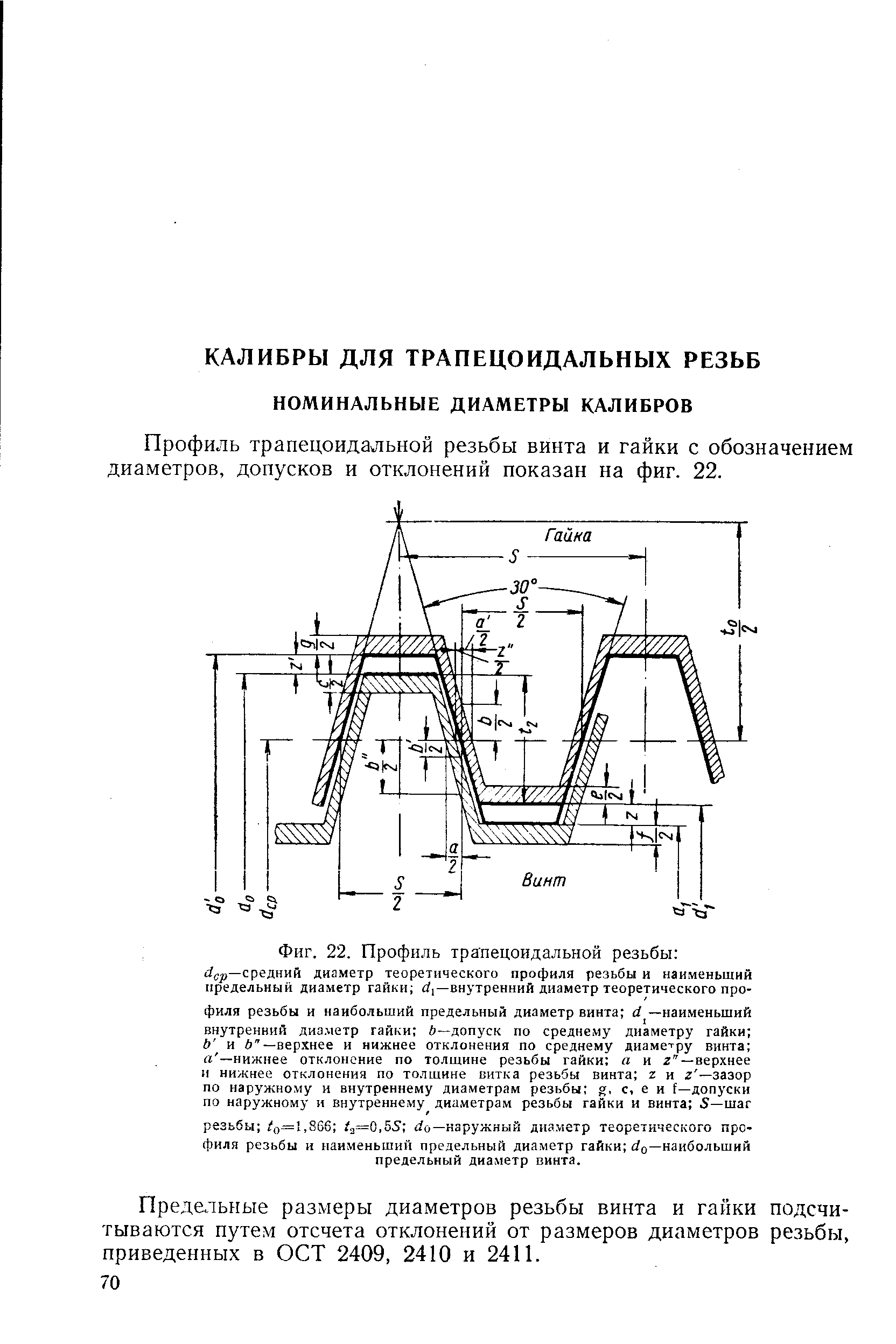 Профиль трапецоидальной резьбы винта и гайки с обозначением диаметров, допусков и отклонений показан на фиг. 22.
