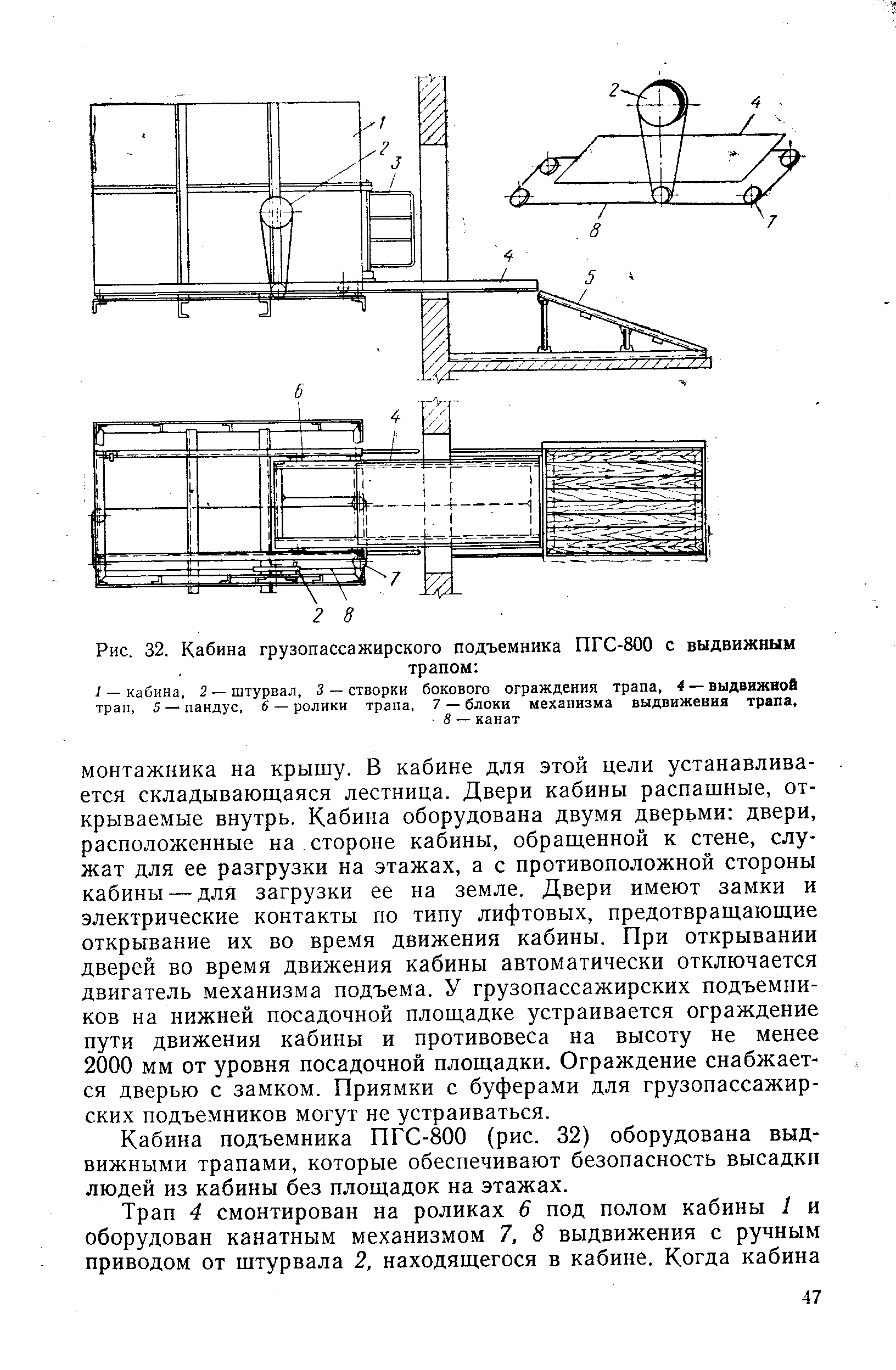 Кабина подъемника ПГС-800 (рис. 32) оборудована выдвижными трапами, которые обеспечивают безопасность высадки людей из кабины без площадок на этажах.
