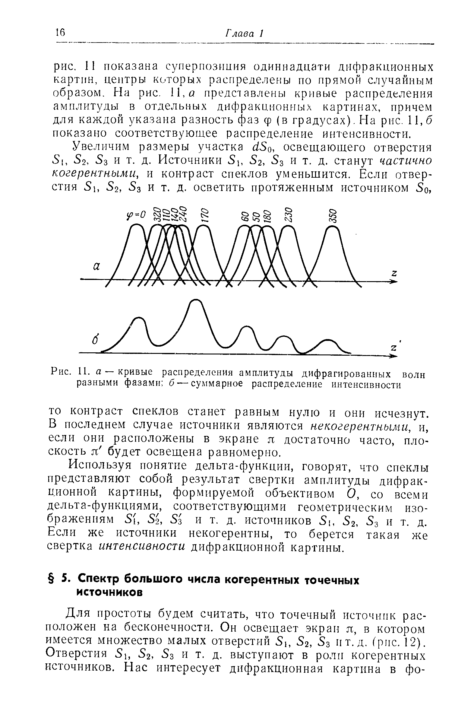 Используя понятие дельта-функции, говорят, что сиеклы представляют собой результат свертки амплитуды дифрак-и.ионной картины, формируемой объективом О, со всеми дельта-функциями, соответствующими геометрическим изображениям S(, S2, S3 и т, д. источников Si, S2, S3 и т. д. Если же источники некогерентны, то берется такая же свертка интенсивности дифракционной картины.
