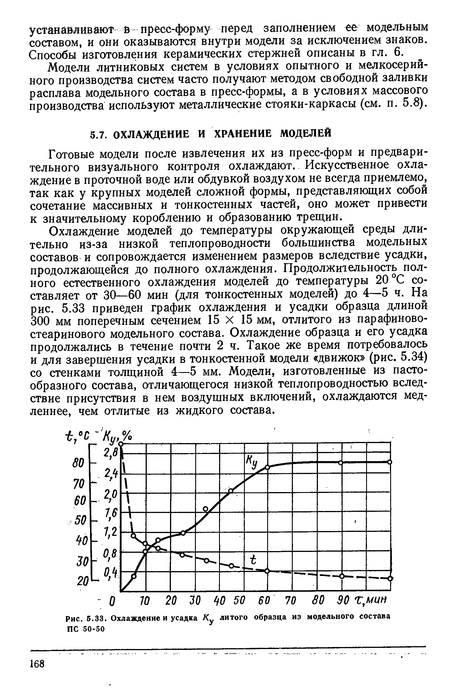 Готовые модели после извлечения их из пресс-форм и предварительного визуального контроля охлаждают. Искусственное охлаждение в проточной воде или обдувкой воздухом не всегда приемлемо, так как у крупных моделей сложной формы, представляющих собой сочетание массивных и тонкостенных частей, оно может привести к значительному короблению и образованию трещин.
