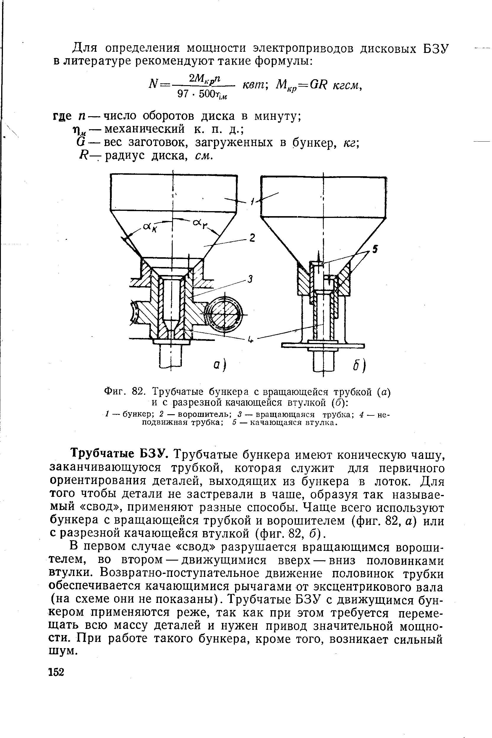 Фиг. 82. Трубчатые бункера с вращающейся трубкой (а) и с разрезной качающейся втулкой (б) 
