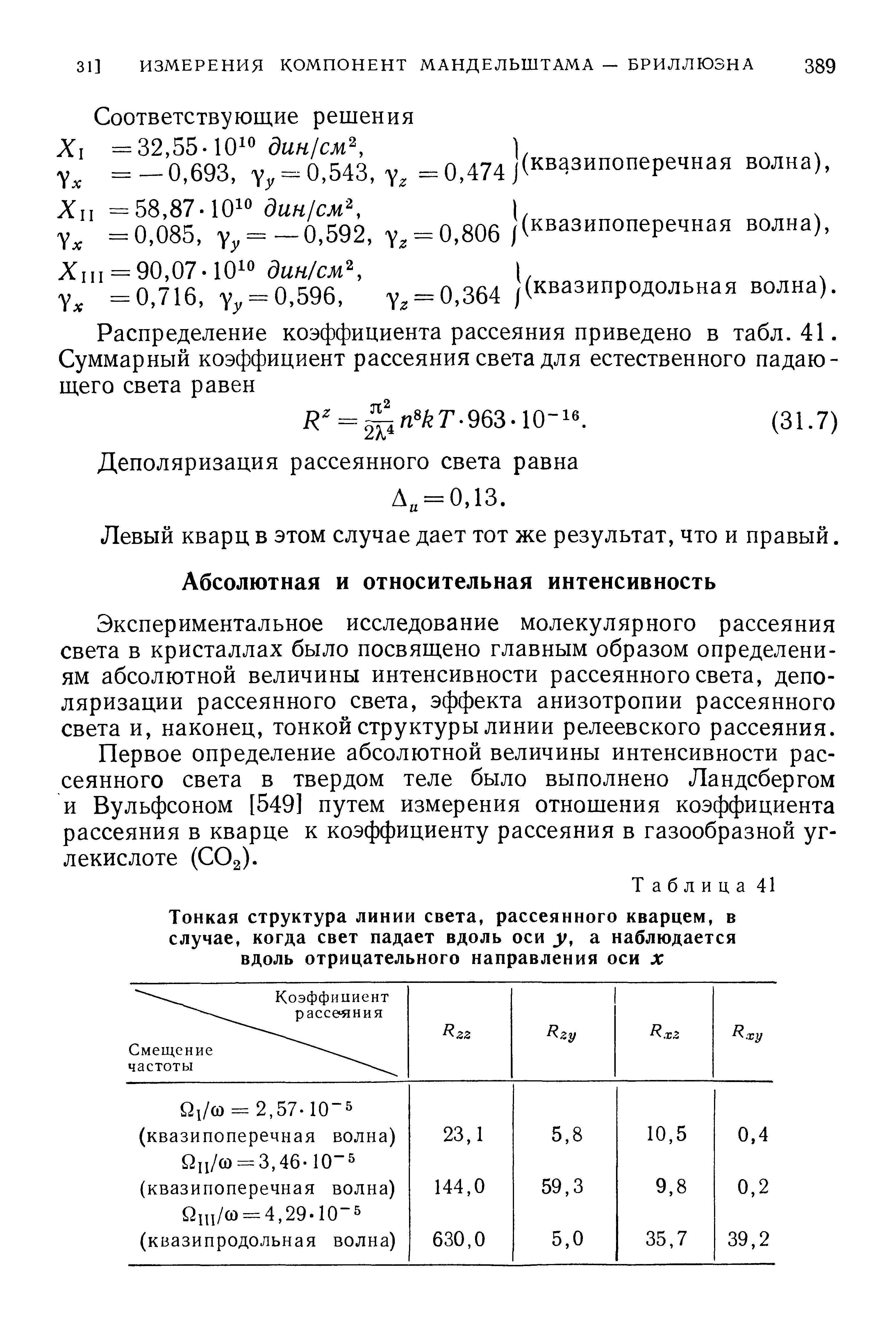 Экспериментальное исследование молекулярного рассеяния света в кристаллах было посвящено главным образом определениям абсолютной величины интенсивности рассеянного света, деполяризации рассеянного света, эффекта анизотропии рассеянного света и, наконец, тонкой структуры линии релеевского рассеяния.
