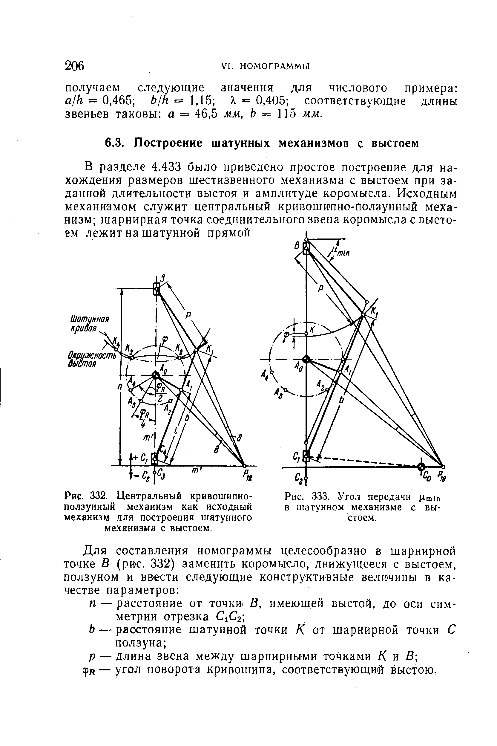 Рис. 332. Центральный кривошипно-ползунный механизм как исходный механизм для построения шатунного механизма с выстоем.
