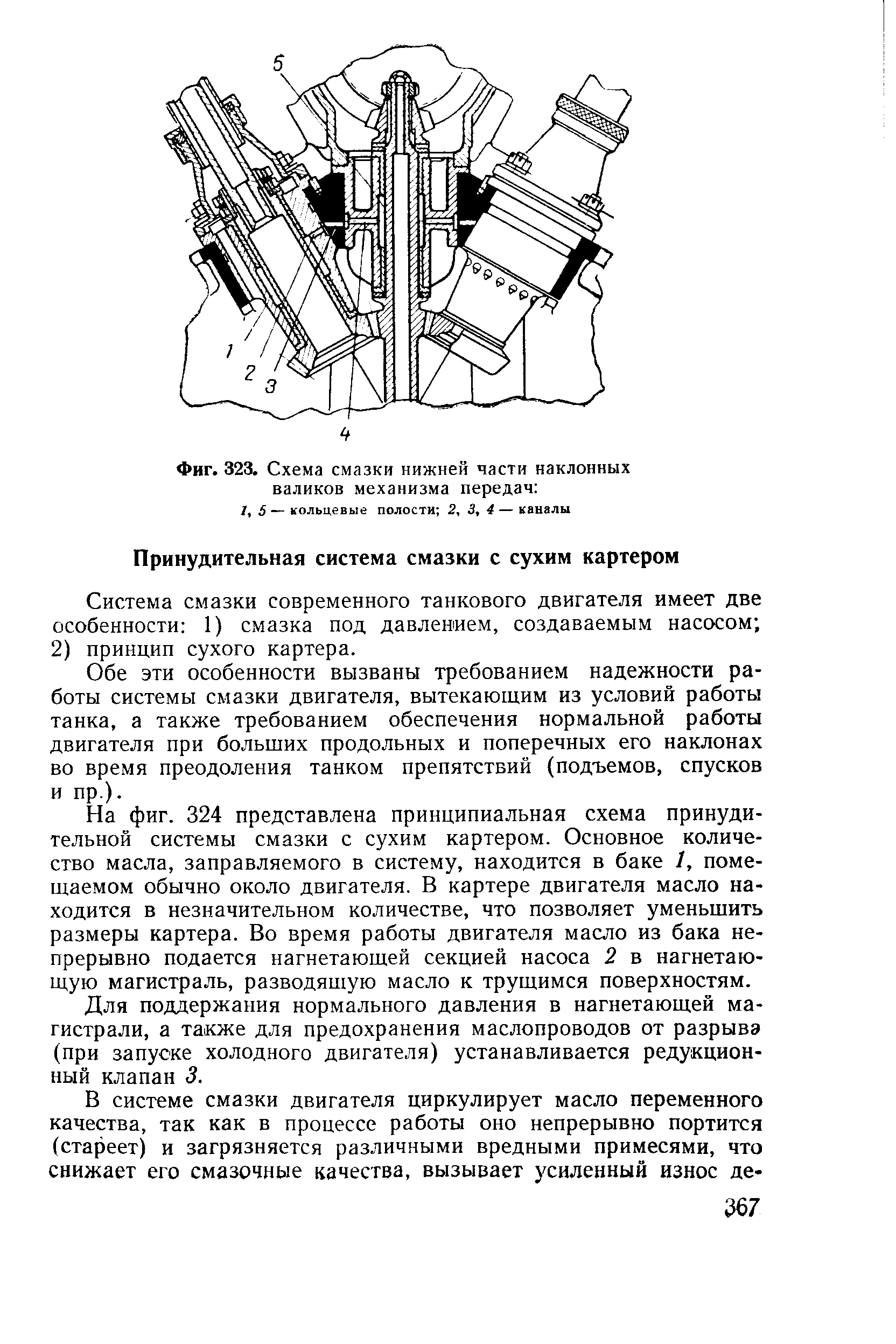 Обе эти особенности вызваны требованием надежности работы системы смазки двигателя, вытекающим из условий работы танка, а также требованием обеспечения нормальной работы двигателя при больших продольных и поперечных его наклонах во время преодоления танком препятствий (подъемов, спусков и пр.).
