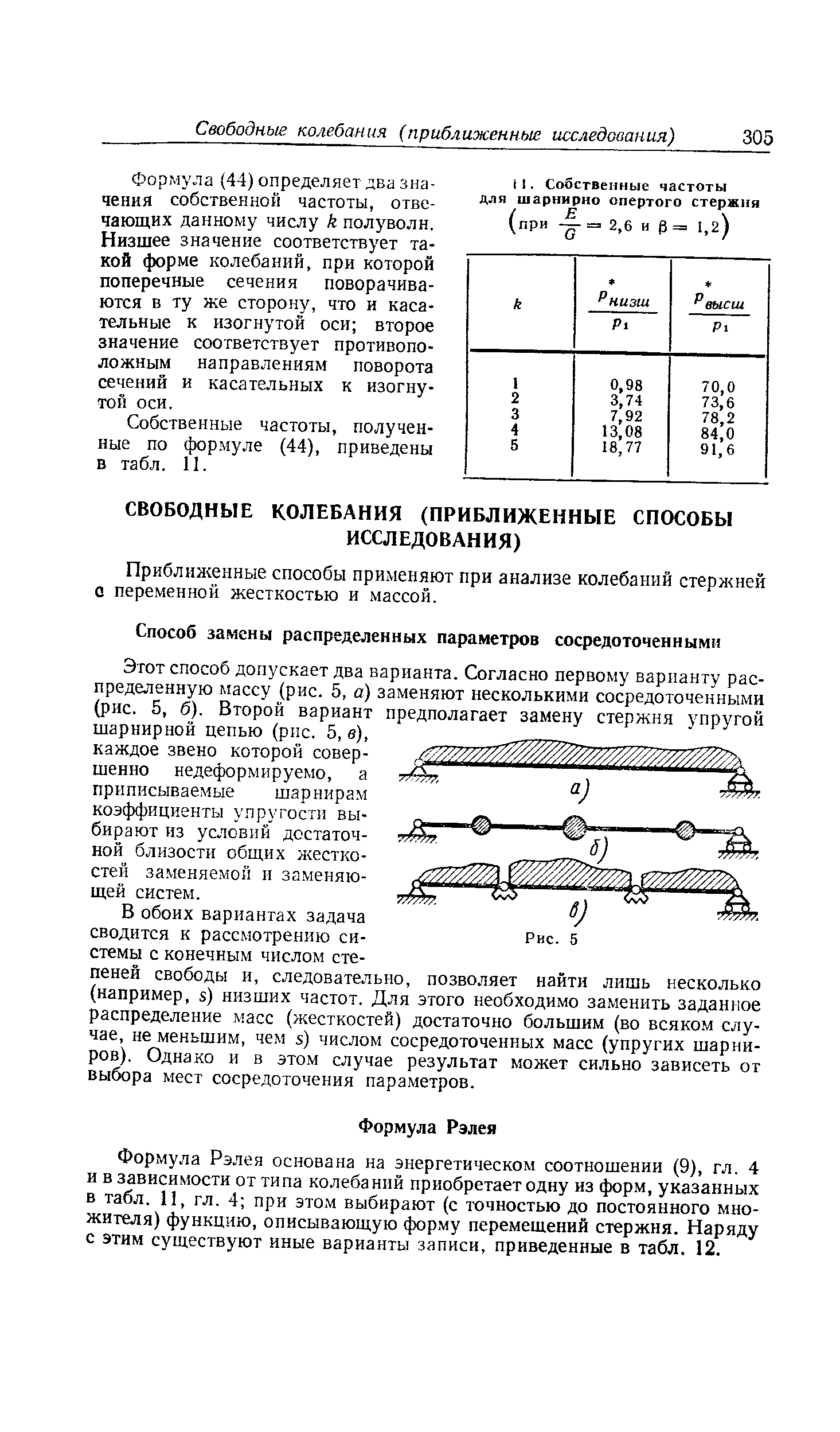 Формула Рэлея основана на энергетическом соотношении (9), гл. 4 и в зависимости от типа колебаний приобретает одну из форм, указанных в табл. 11, гл. 4 при этом выбирают (с точностью до постоянного множителя) функцию, описывающую форму перемещений стержня. Наряду с этим существуют иные варианты записи, приведенные в табл. 12.
