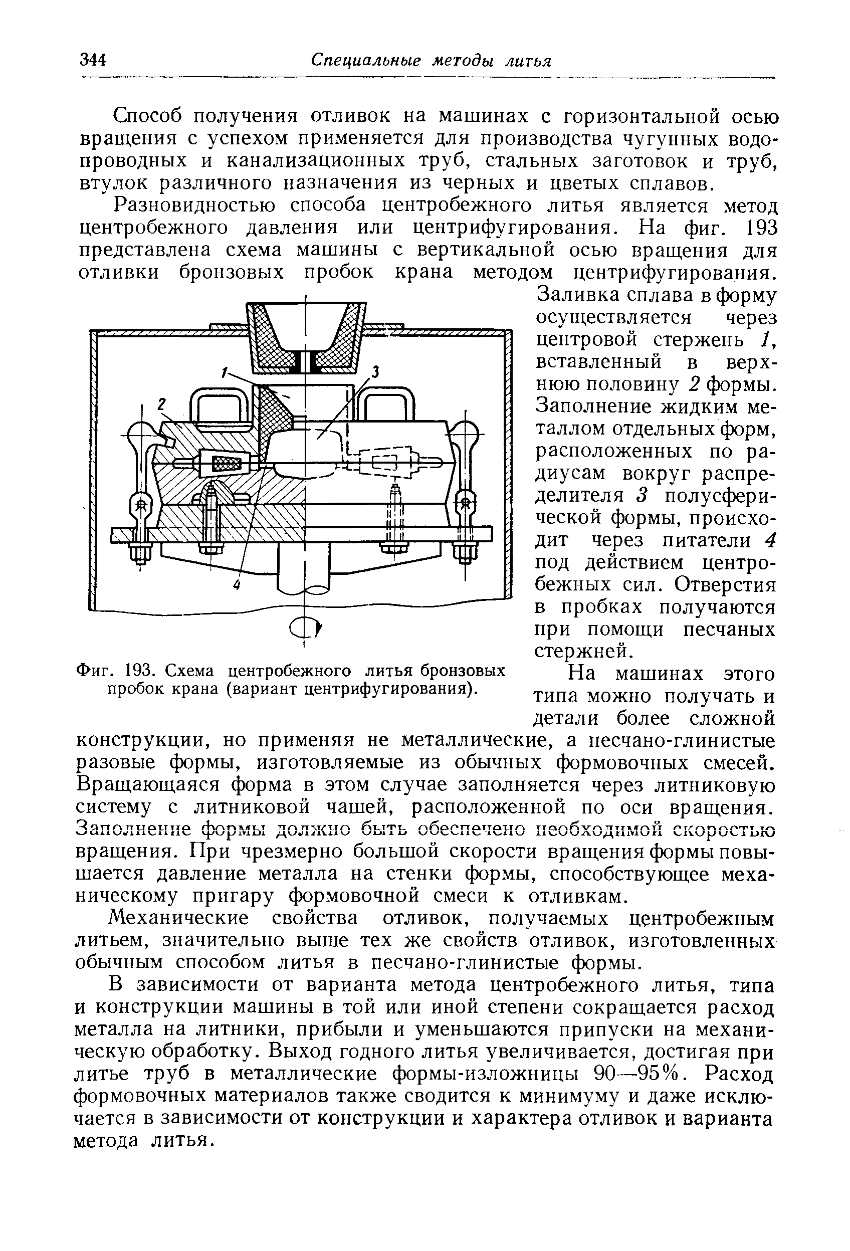 Фиг. 193. <a href="/info/200837">Схема центробежного</a> литья бронзовых пробок крана (вариант центрифугирования).
