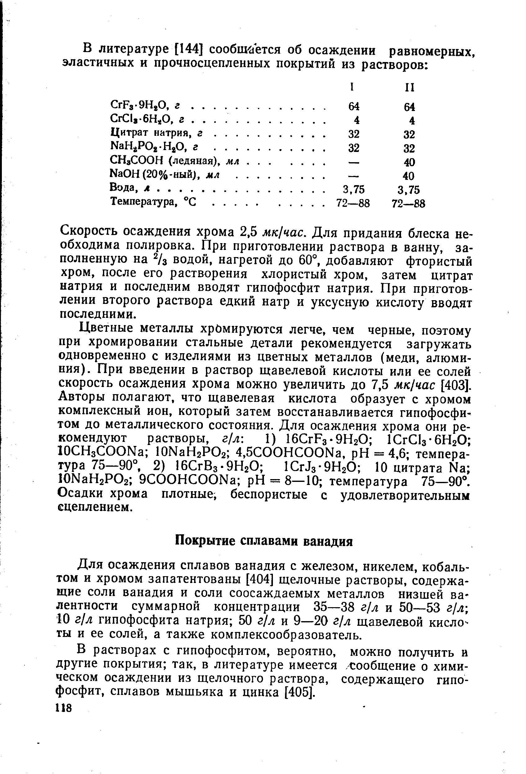 Для осаждения сплавов ванадия с железом, никелем, кобаль том и хромом запатентованы [404] щелочные растворы, содержа щие соли ванадия и соли соосаждаемых металлов низшей ва лентности суммарной концентрации 35—38 г/л и 50—53 г/л 10 г/л гипофосфита натрия 50 г/л и 9—20 г/л щавелевой кисло ты и ее солей, а также комплексообразователь.
