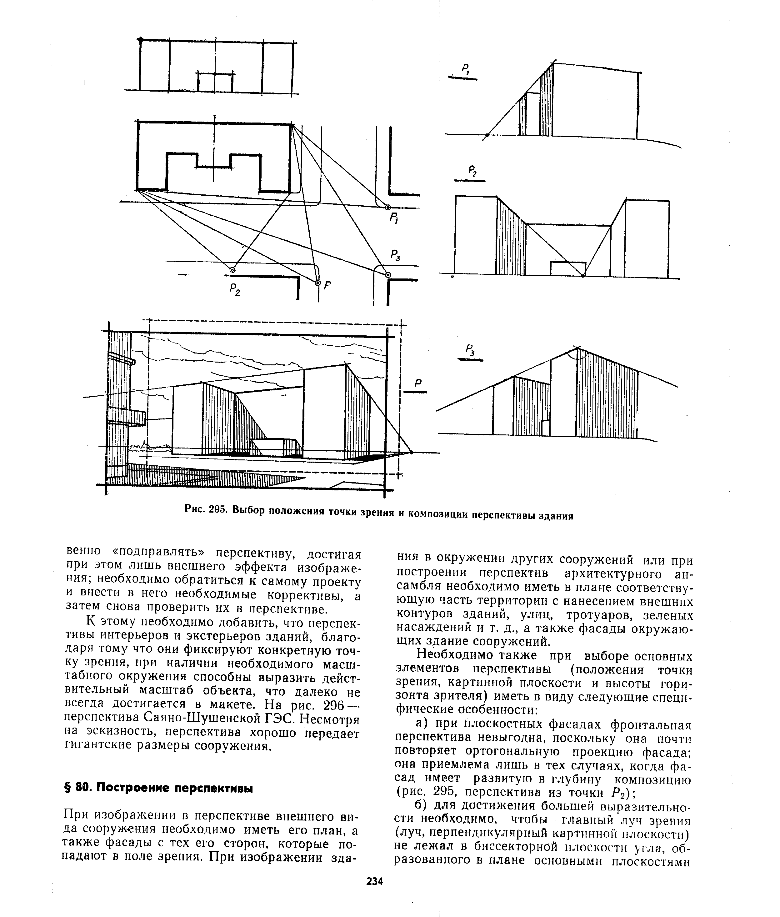 Рис. 295. Выбор положения <a href="/info/193988">точки зрения</a> и композиции перспективы здания
