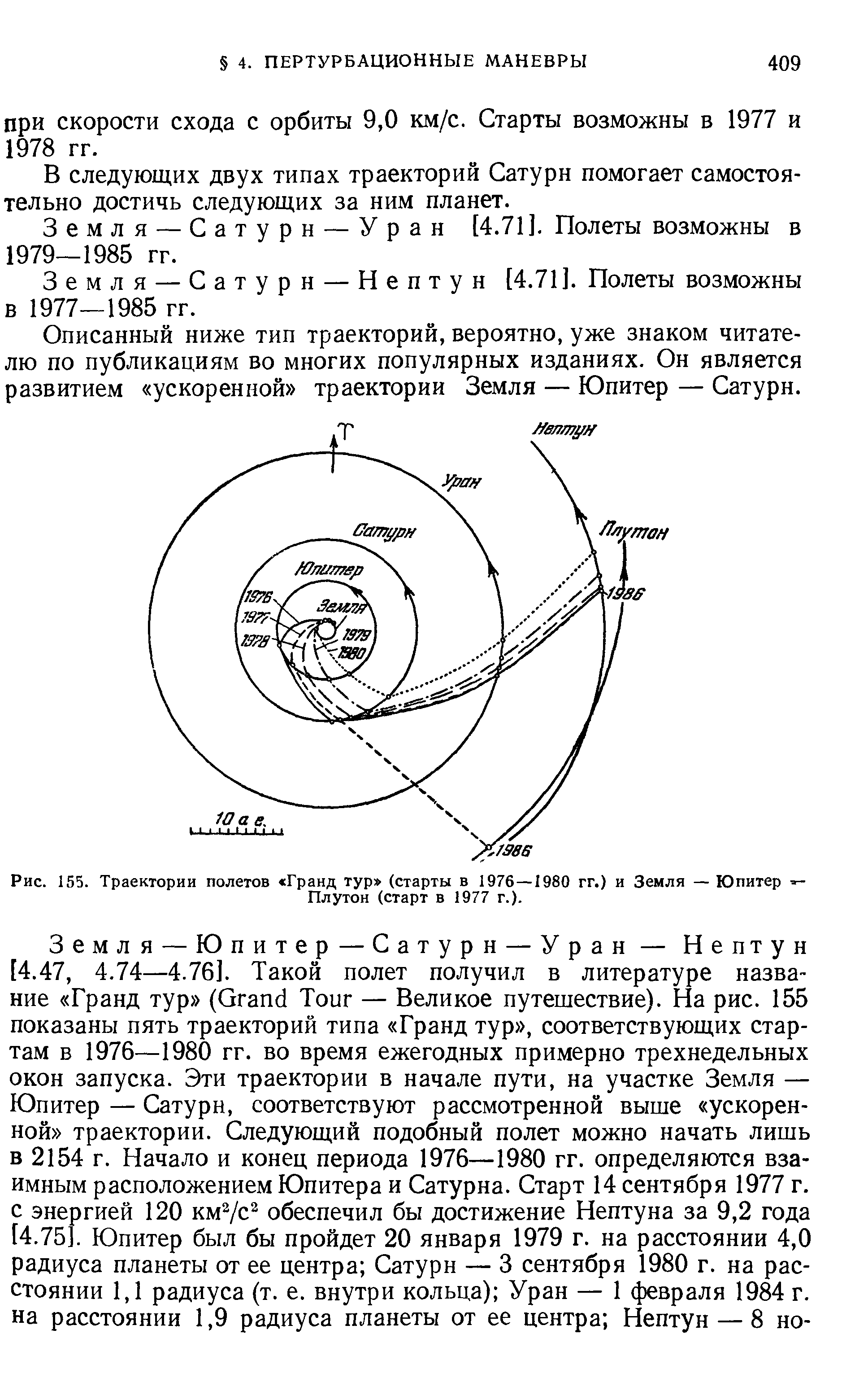 Рис. 155. <a href="/info/428274">Траектории полетов</a> Гранд тур (старты в 1976—1980 гг.) и Земля — Юпитер
