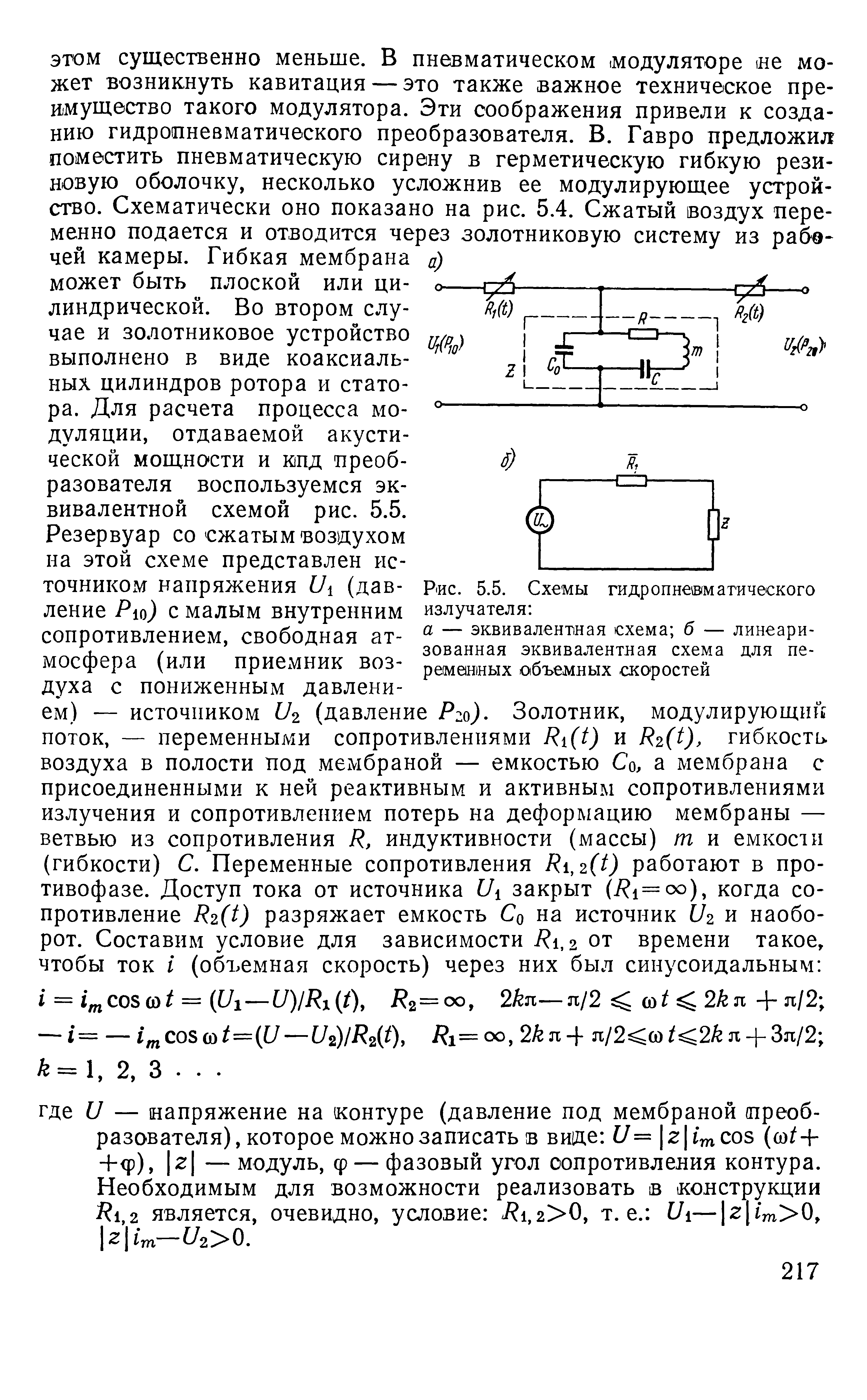 ЭТОМ существенно меньше. В пневматическом модуляторе не может возникнуть кавитация — это также важное техническое преимущество такого модулятора. Эти соображения привели к созданию гидропневматического преобразователя. В. Гавро предложил поместить пневматическую сирену в герметическую гибкую резиновую оболочку, несколько усложнив ее модулирующее устройство. Схематически оно показано на рис. 5.4. Сжатый воздух переменно подается и отводится через золотниковую систему из рабочей камеры. Гибкая мембрана а) может быть плоской или ци- о-линдрической. Во втором случае и золотниковое устройство выполнено в виде коаксиальных цилиндров ротора и статора. Для расчета процесса модуляции, отдаваемой акустической мощности и кпд преобразователя воспользуемся эквивалентной схемой рис. 5.5.
