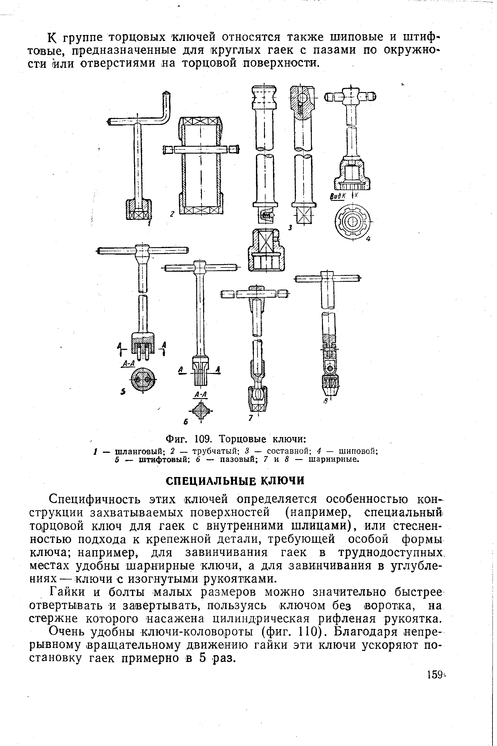 Специфичность этих ключей определяется особенностью конструкции захватываемых поверхностей (например, специальный торцовой ключ для гаек с внутренними шлицами), или стесненностью подхода к крепежной детали, требующей особой формы ключа например, для завинчивания гаек в труднодоступных местах удобны шарнирные ключи, а для завинчивания в углублениях — ключи с изогнутыми рукоятками.
