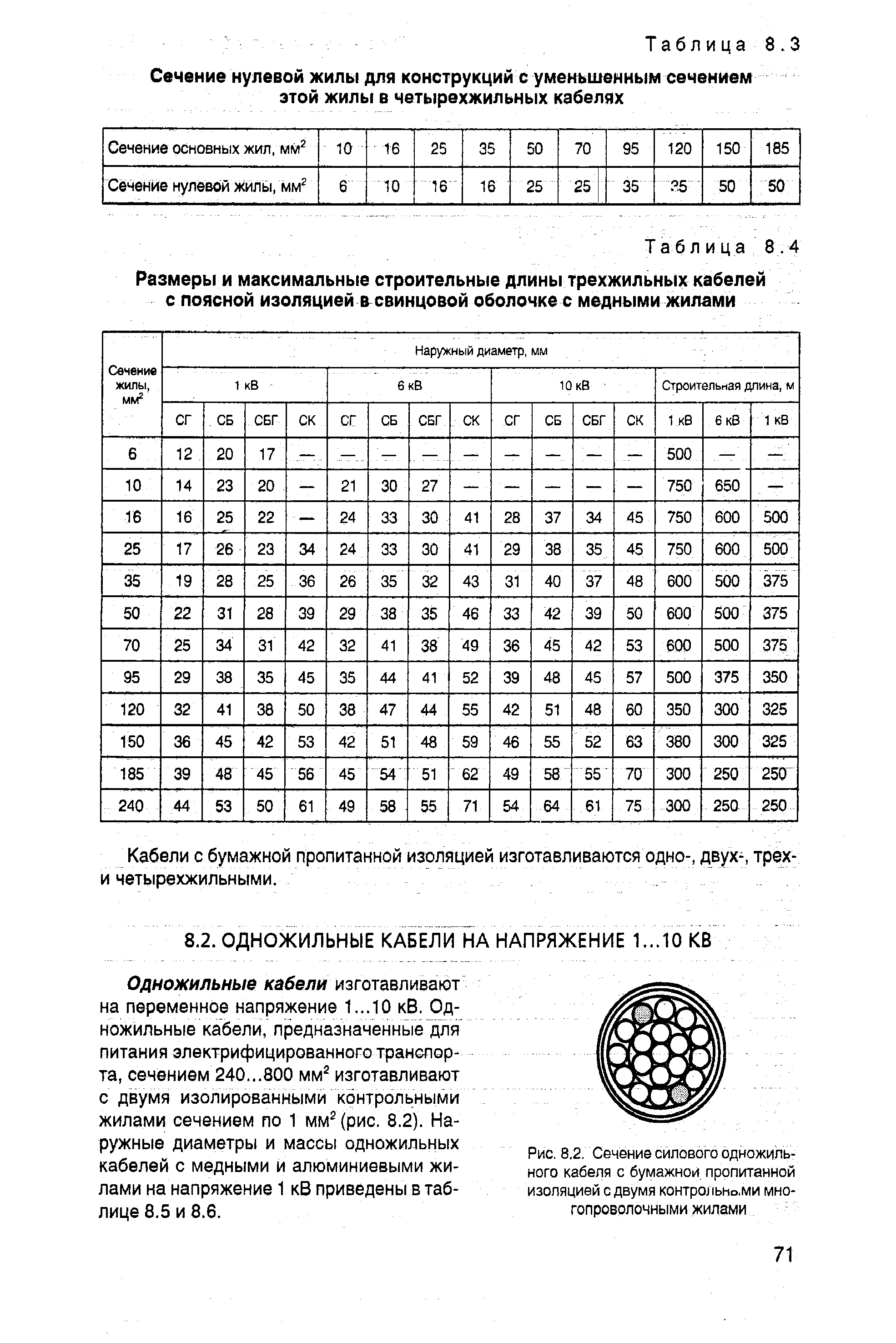 Рис. 8.2. Сечение силового одножильного кабеля с бумажной пропитанной изоляцией с двумя контрольно,ми многопроволочными жилами
