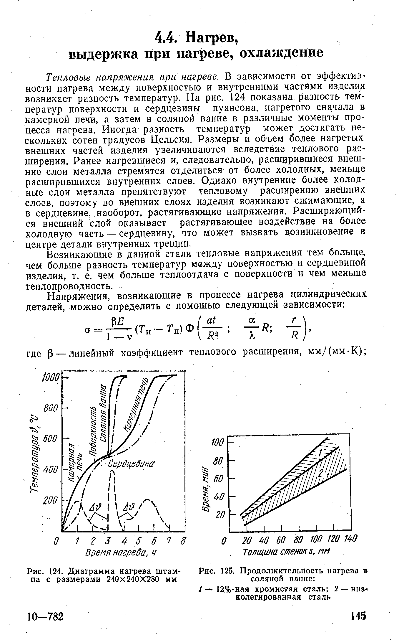 Тепловые напряжения при нагреве. В зависимости от эффективности нагрева между поверхностью и внутренними частями изделия возникает разность температур. На рис. 124 показана разность температур поверхности и сердцевины пуансона, нагретого сначала в камерной печи, а затем в соляной ванне в различные моменты процесса нагрева. Иногда разность температур может достигать нескольких сотен градусов Цельсия. Размеры и объем более нагретых внешних частей изделия увеличиваются вследствие теплового расширения. Ранее нагревшиеся и, следовательно, расширившиеся внешние слои металла стремятся отделиться от более холодных, меньше расширившихся внутренних слоев. Однако внутренние более холодные слои металла препятствуют тепловому расширению внешних слоев, поэтому во внешних слоях изделия возникают сжимающие, а в сердцевине, наоборот, растягивающие напряжения. Расширяющийся внешний слой оказывает растягивающее воздействие на более холодную часть — сердцевину, что может вызвать возникновение в центре детали внутренних трещин.
