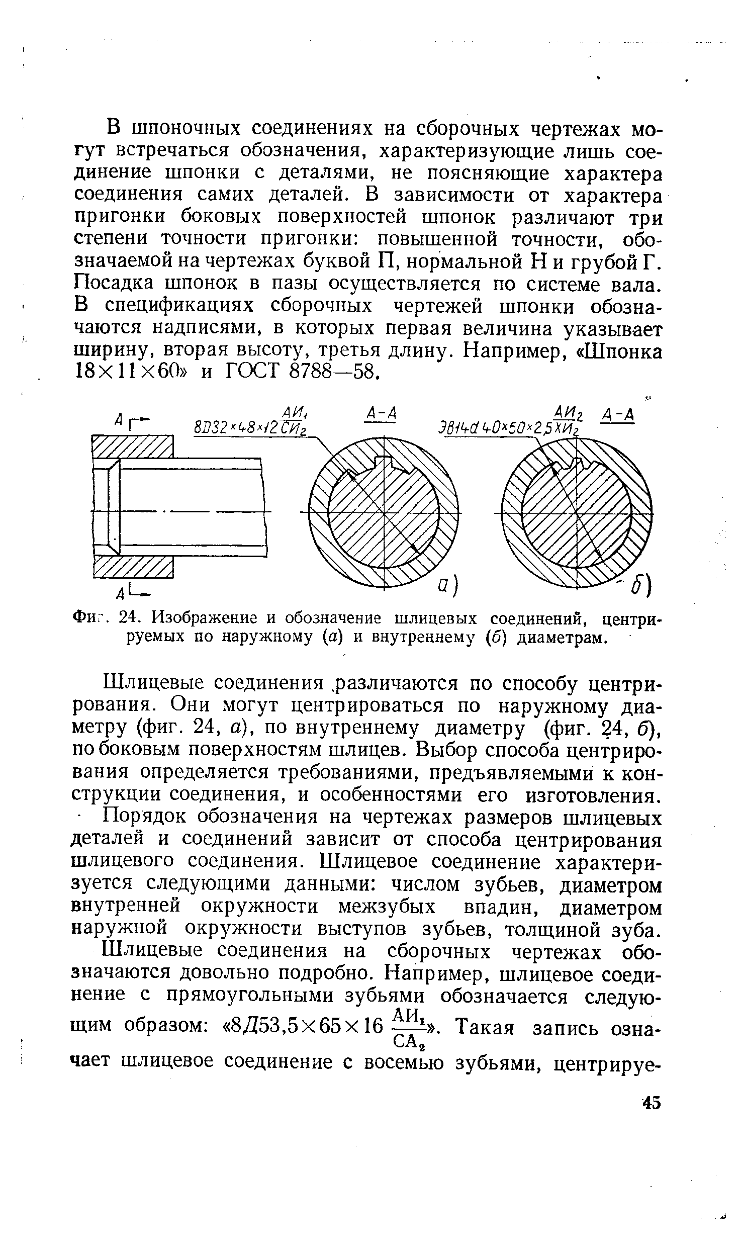 Фиг. 24. Изображение и обозначение шлицевых соединений, центрируемых по наружному (а) и внутреннему (б) диаметрам.
